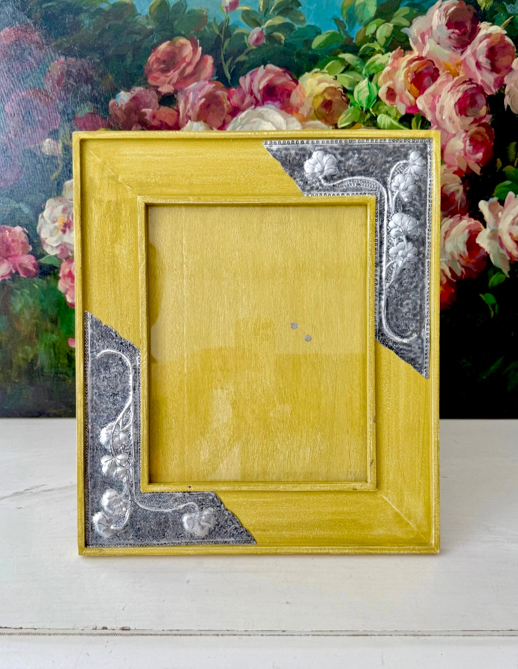 Vintage Mustard Yellow Wooden Picture/ Photo Frame with Metal Floral Decoration on the Corners