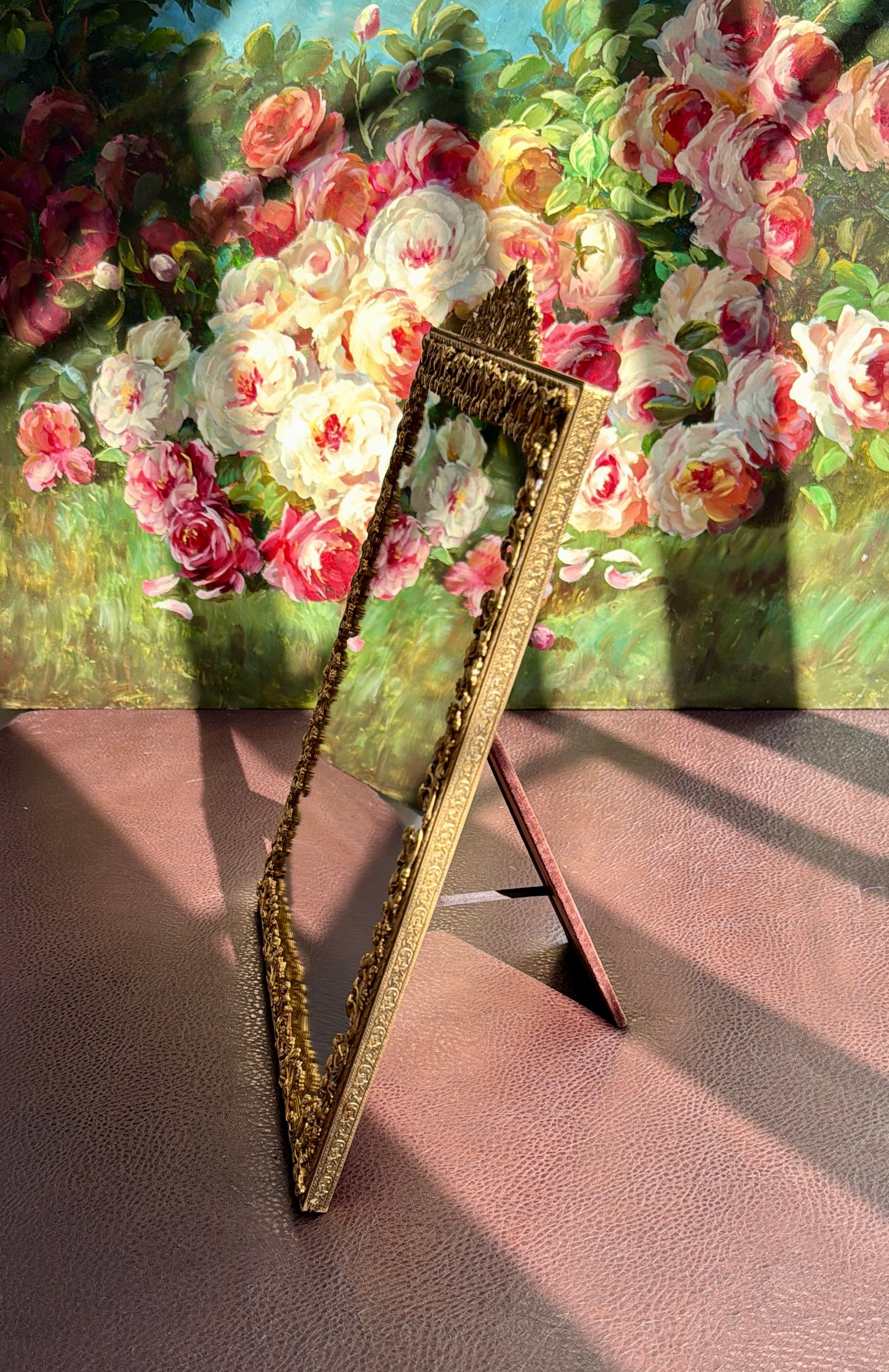 Antique/ Vintage French Victorian Style Gold-gilded Brass Framed Wall or Table Mirror with Flowers Decoration on the Frame