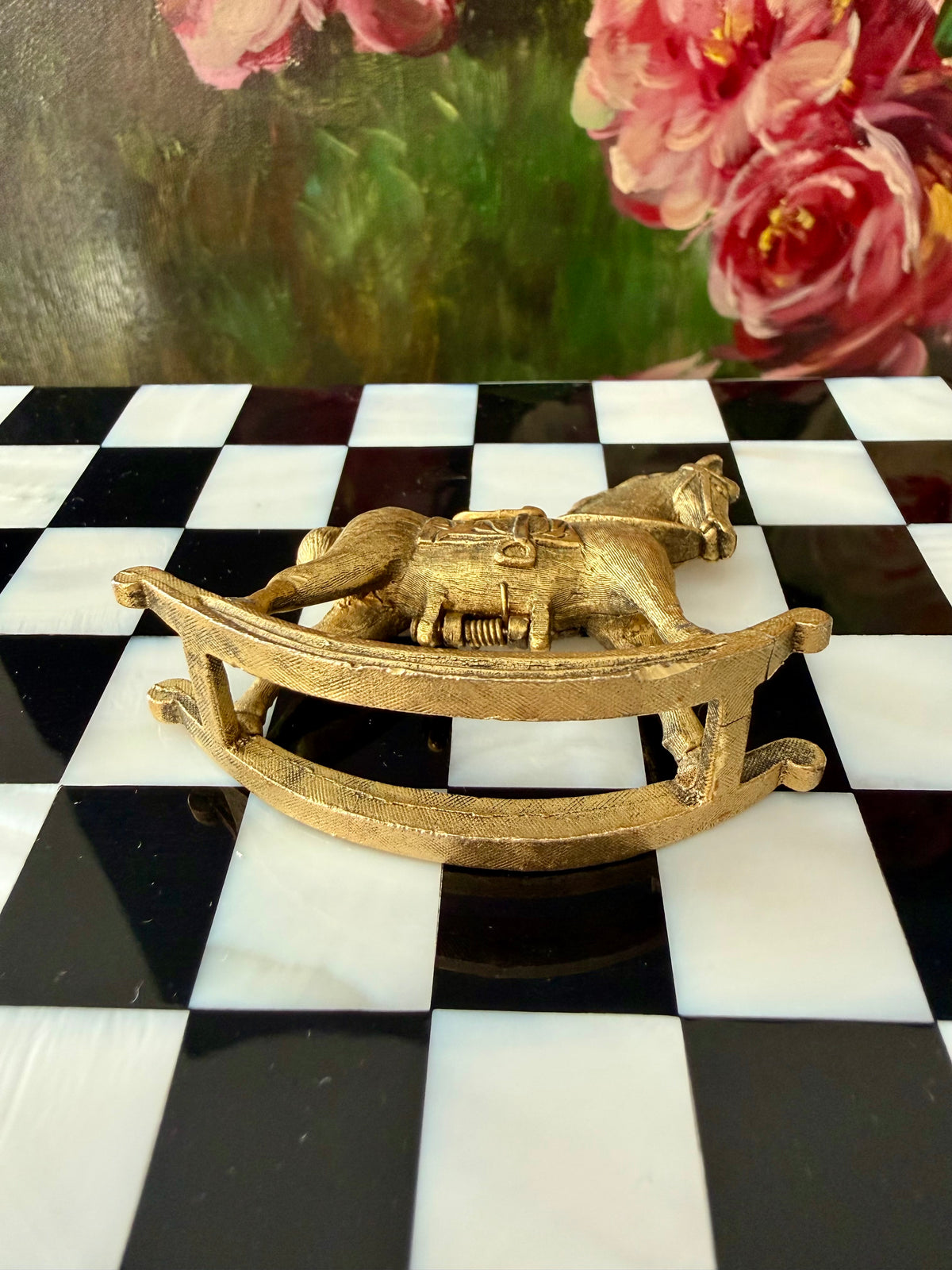 1970s Vintage Max Factor Gold-toned Metal “Rocking Horse” Perfume Compact