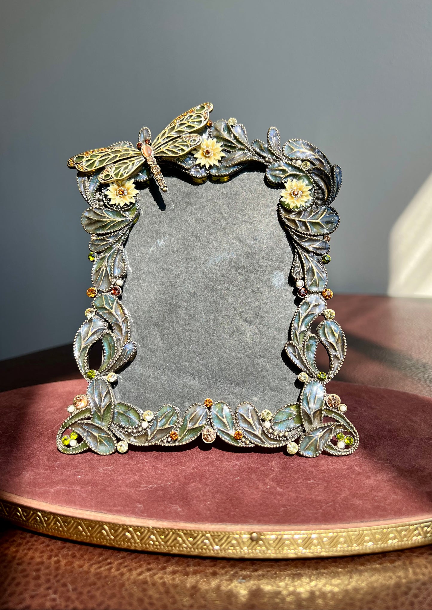 Dragonfly Enamel and Metal Picture Frame with Tiny possible Swarovski Rhinestones, Flowers & Green Leaves