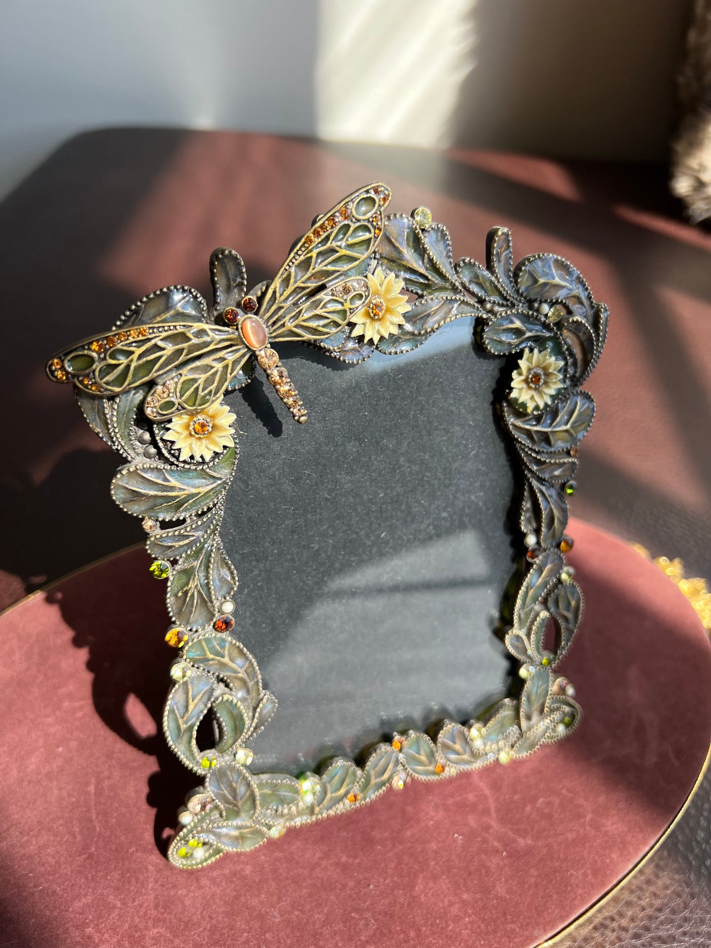 Dragonfly Enamel and Metal Picture Frame with Tiny possible Swarovski Rhinestones, Flowers & Green Leaves