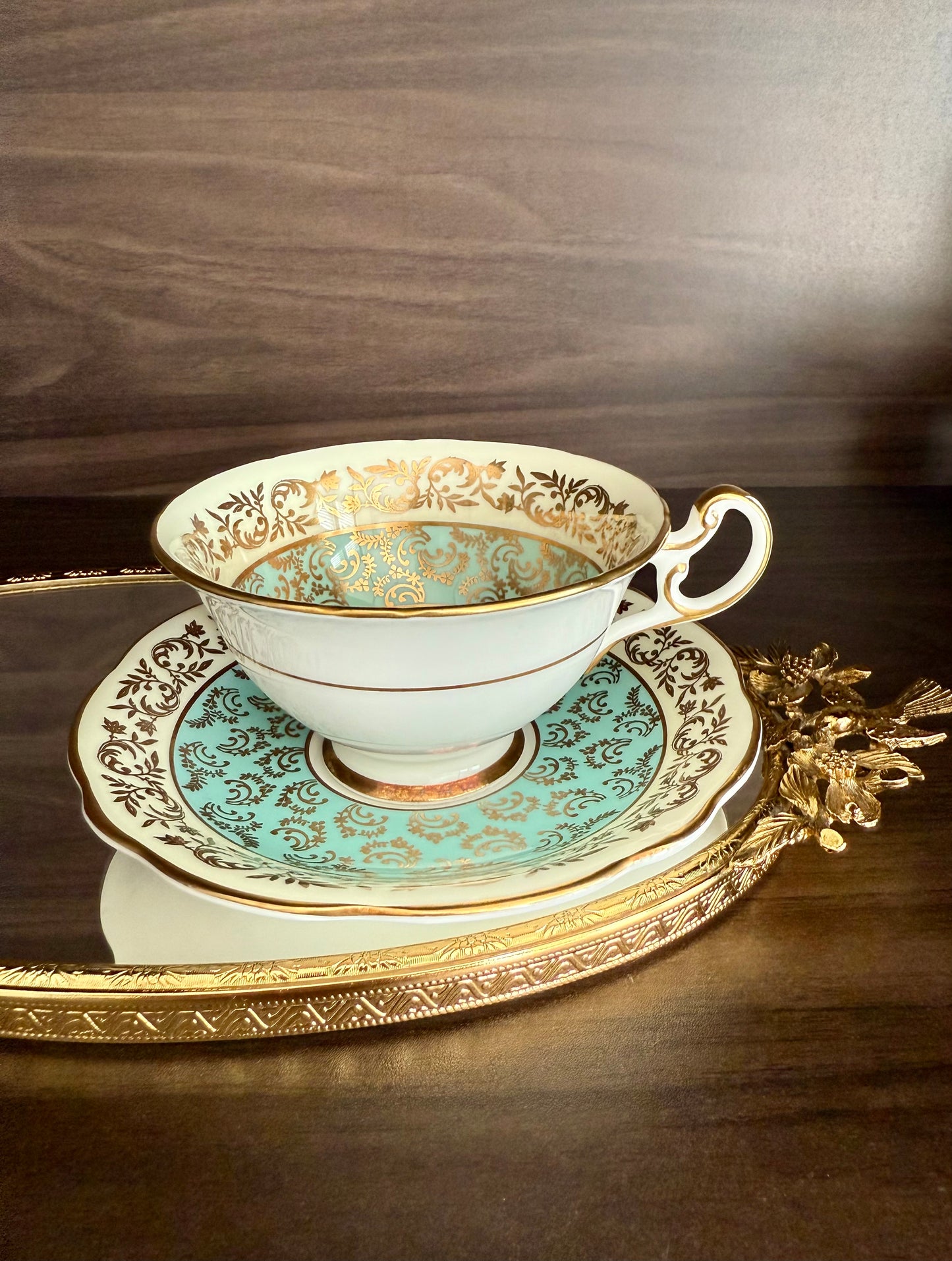 1950s Paragon Fine Bone China Vintage Aqua Green, Gold and Floral Porcelain Tea Cup and Saucer Set, Made in England
