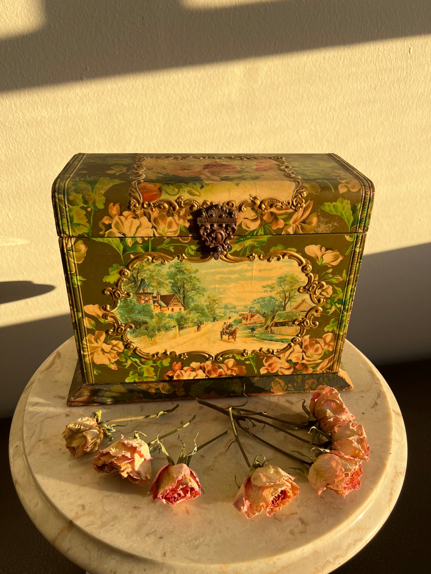 Antique Wooden Decorative Wallpaper Covered Recipe or Trinket Box with Floral Motif and Gilded Painting Design