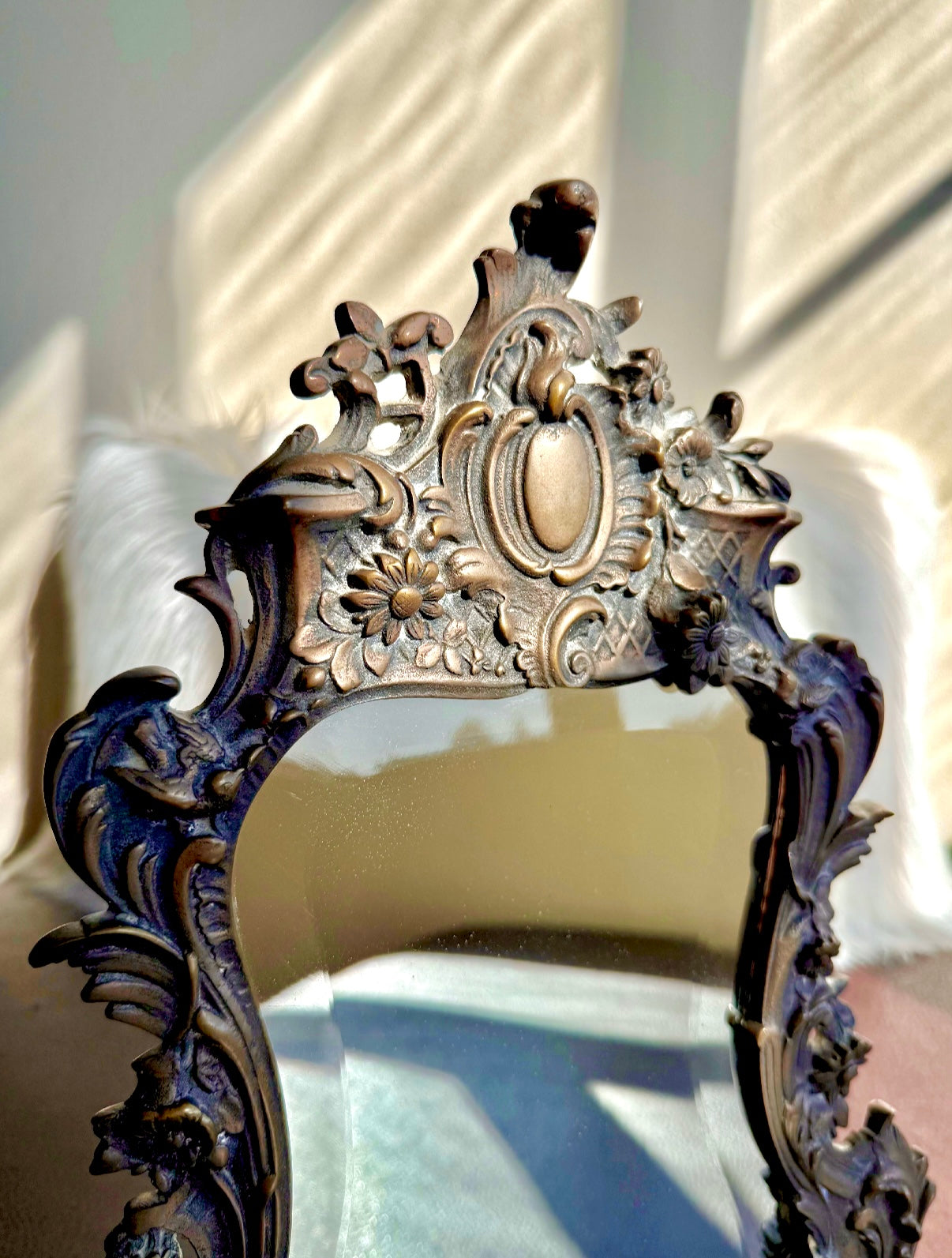 Antique Bronze Rococo Style French Big Table and Makeup Mirror from the 19th or Early 20th Century