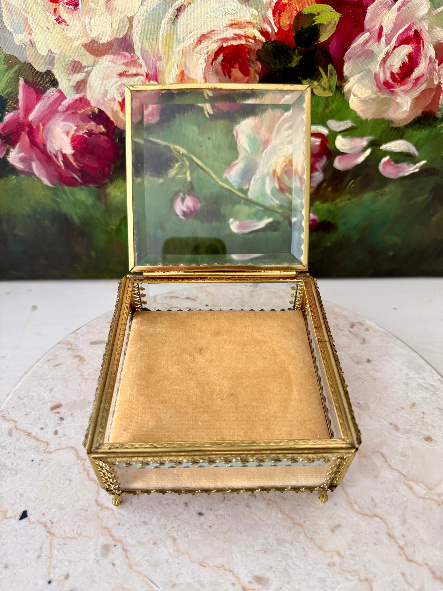French Style Beveled Glass Vintage Brass Footed Jewelry Casket or Trinket Box from the 1950s