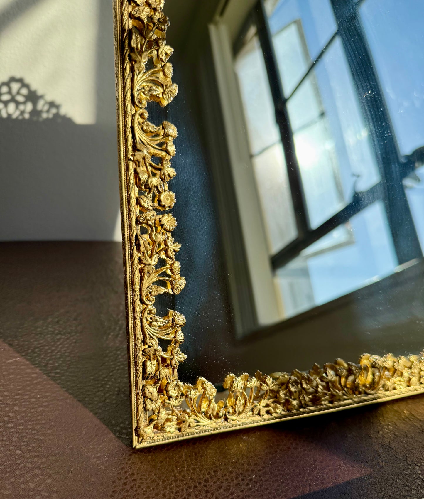 Antique/ Vintage French Victorian Style Gold-gilded Brass Framed Wall or Table Mirror with Flowers Decoration on the Frame