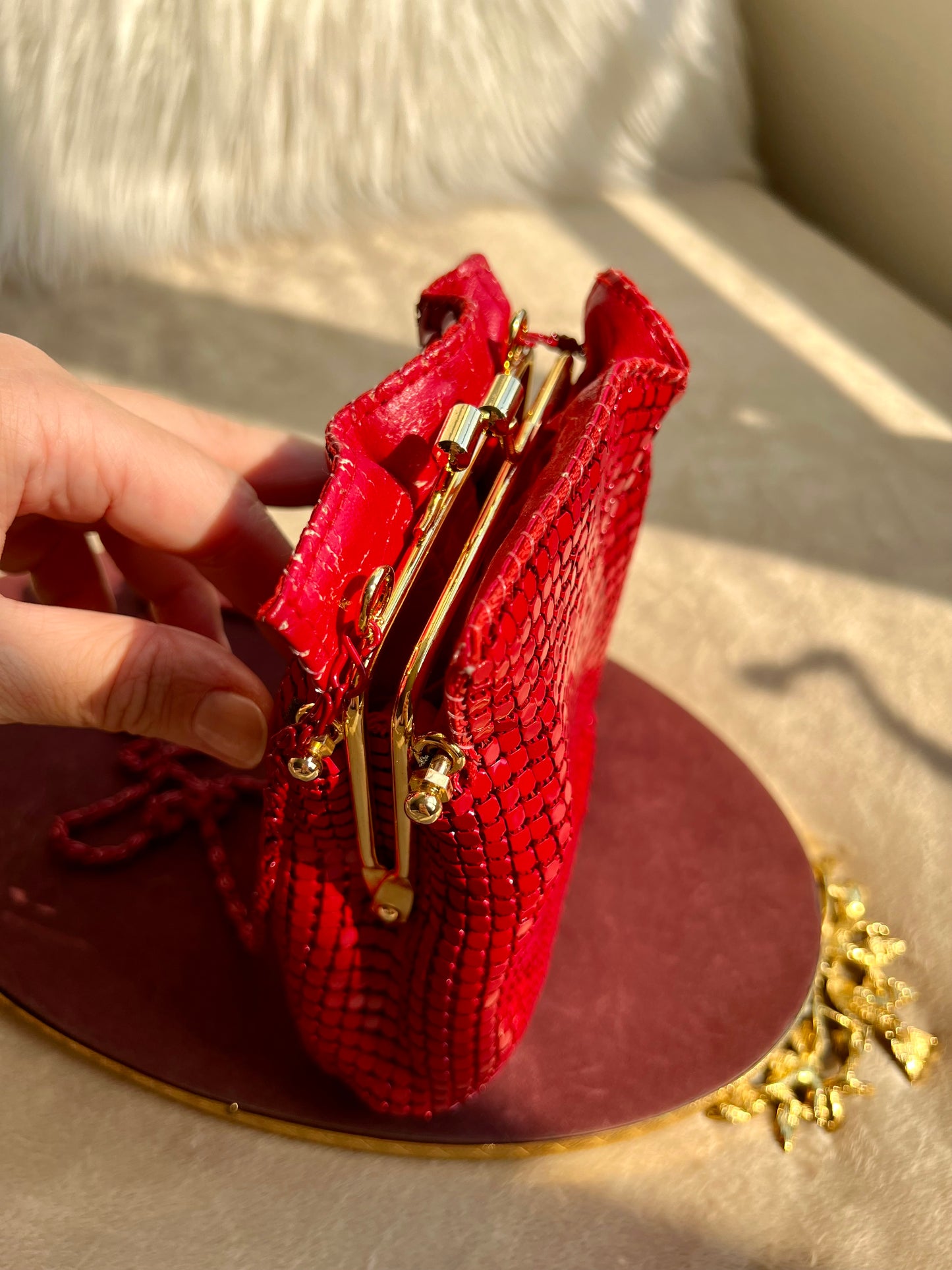 Red Mesh Metallic Vintage Evening Purse