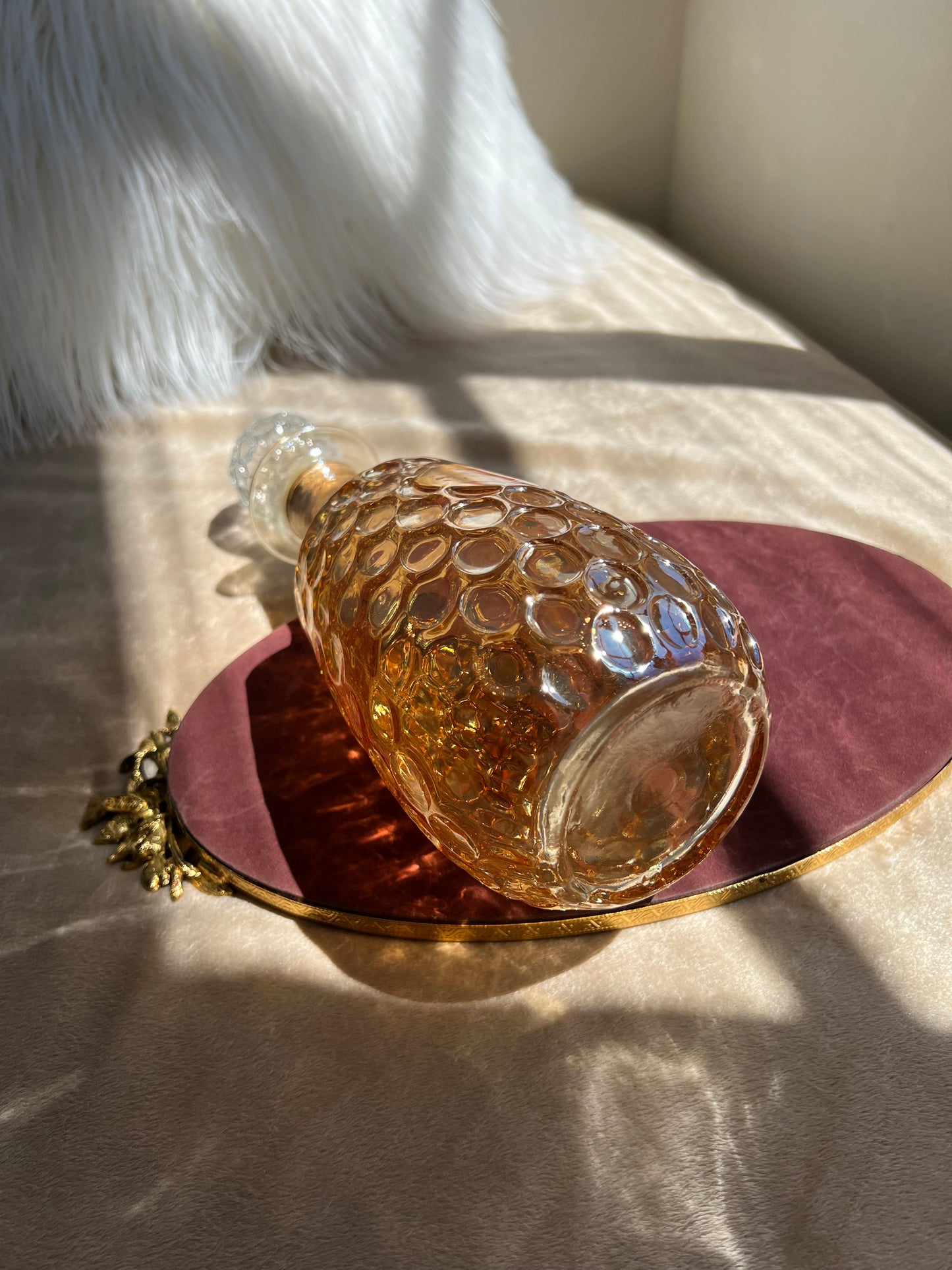 Mid-Century Marigold Blown Glass Thumbprint Whiskey/Bourbon Decanter With Stopper