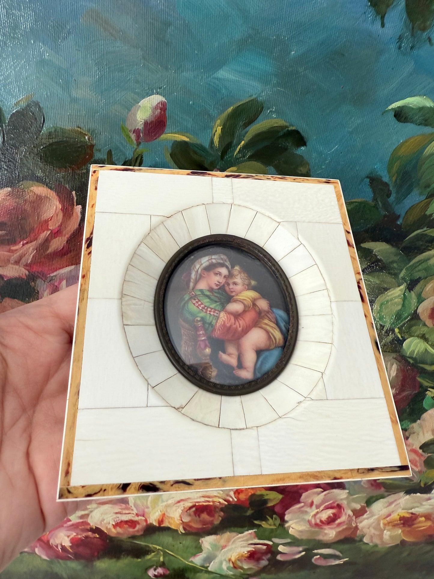 Antique Italian Miniature Porcelain Plaque Hand-painted Madonna and Child in Bone Frame