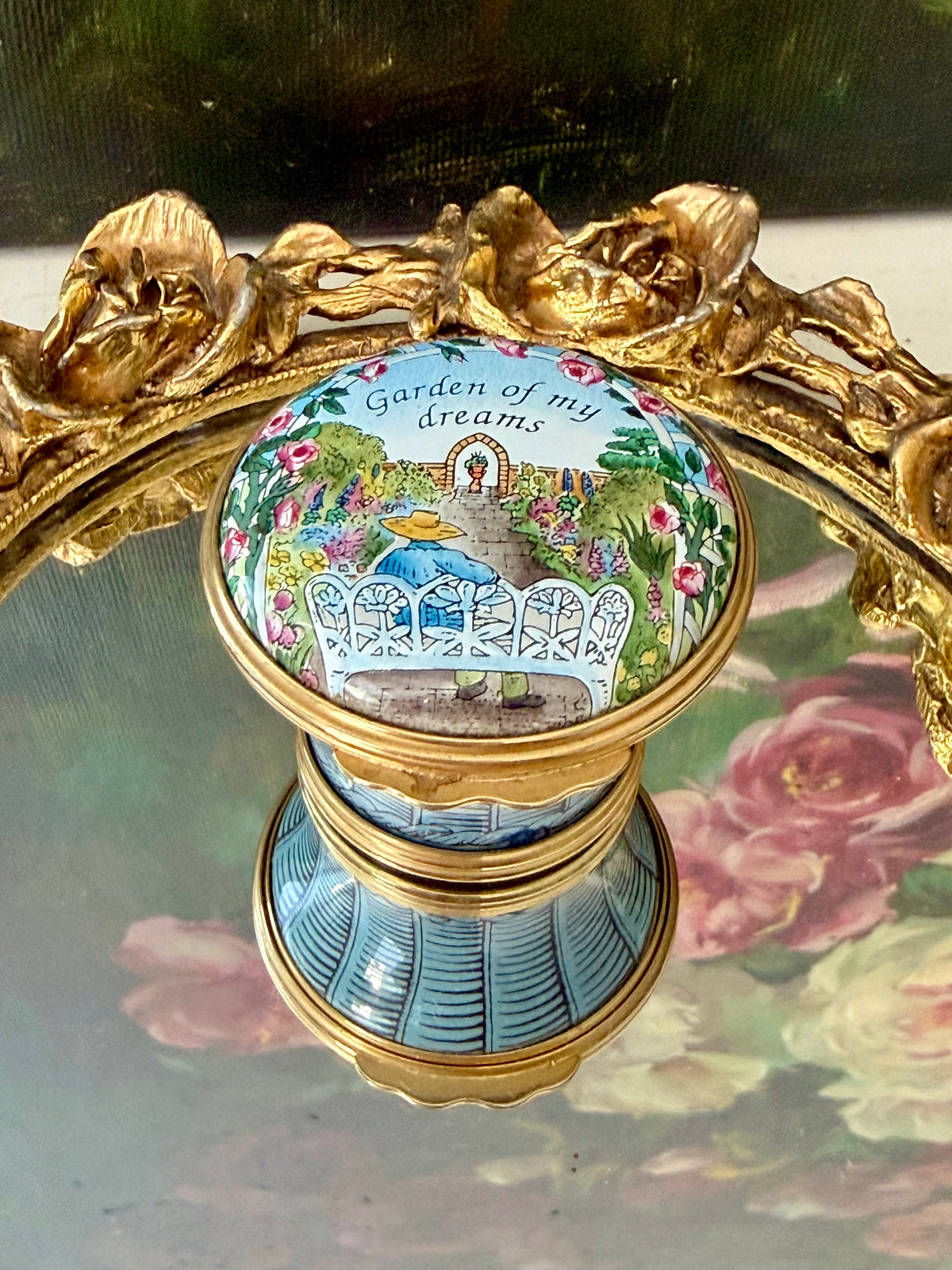 1980s Halcyon Days "GARDEN OF MY DREAMS" Vintage Enamel Trinket Box Bask, Jewelry or Pill Box - Made in England