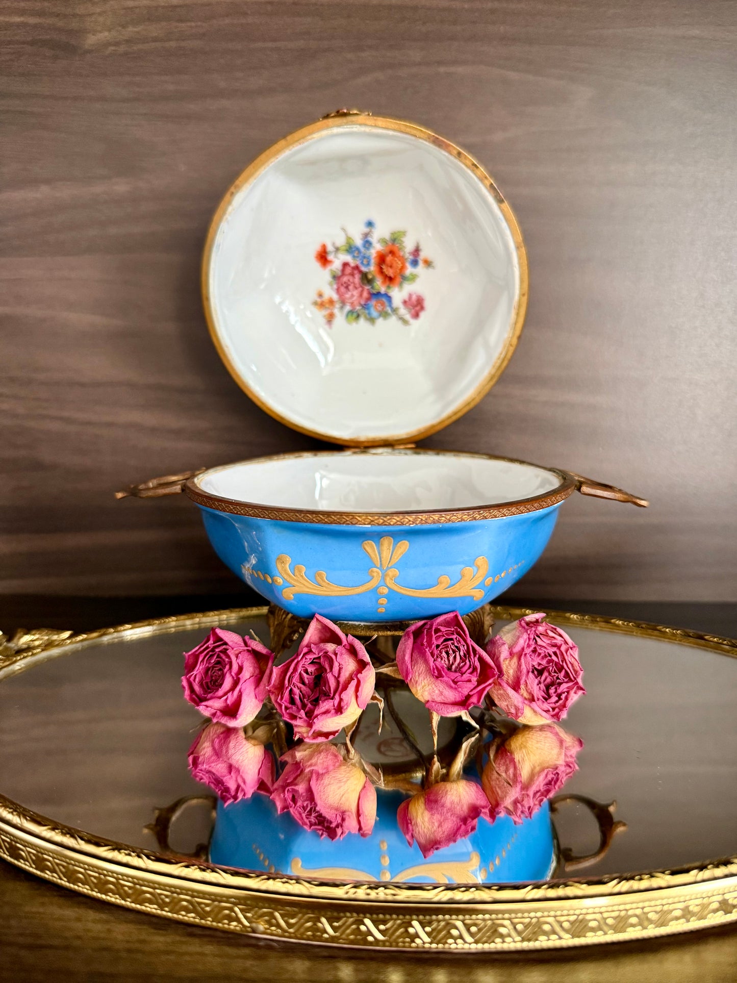 Antique Capodimonte Footed Hand Painted Blue Porcelain Dresser Box, Made In France