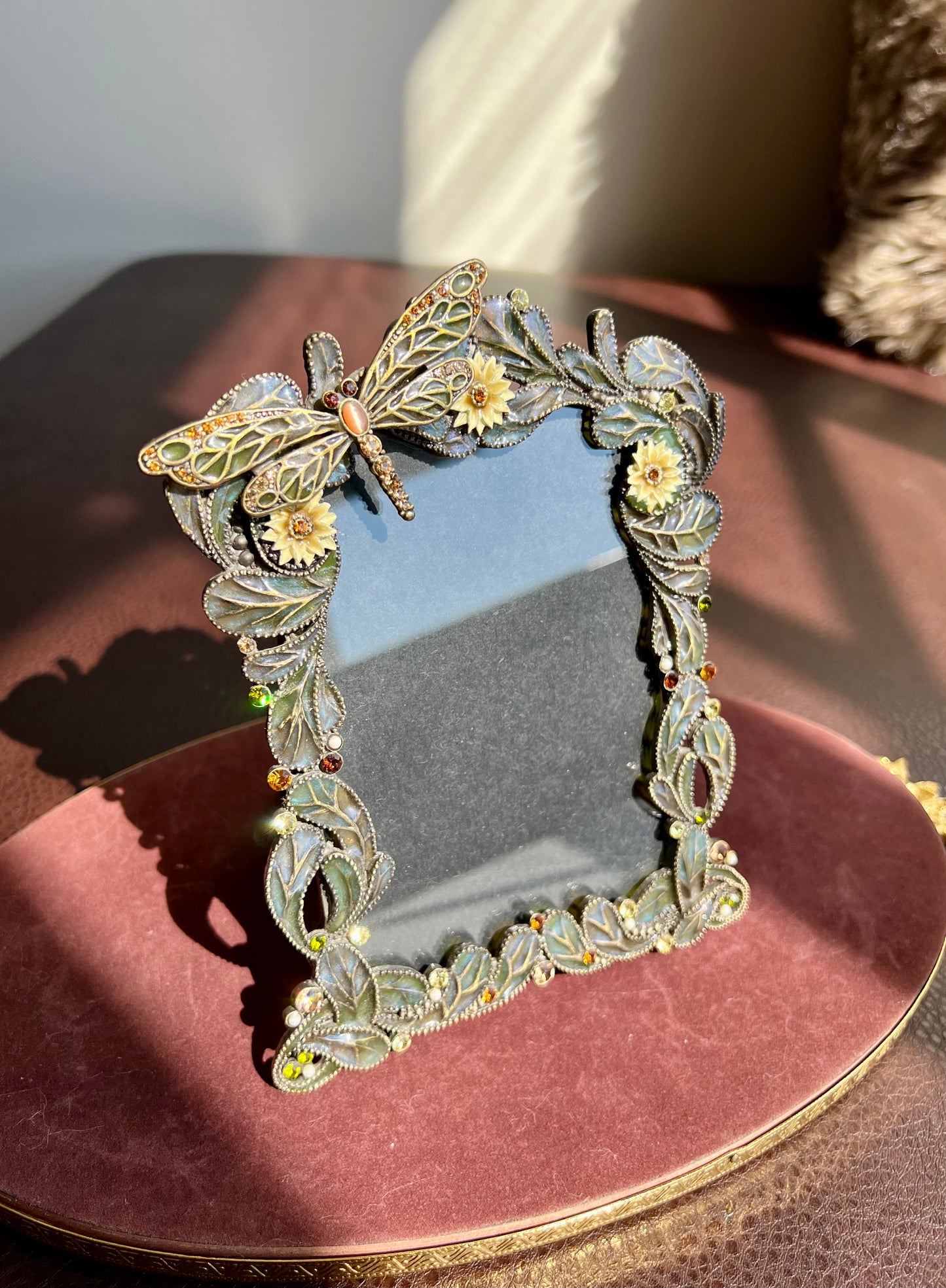 Dragonfly Enamel and Metal Picture Frame with Tiny possible Swarovski Rhinestones, Flowers & Green Leaves