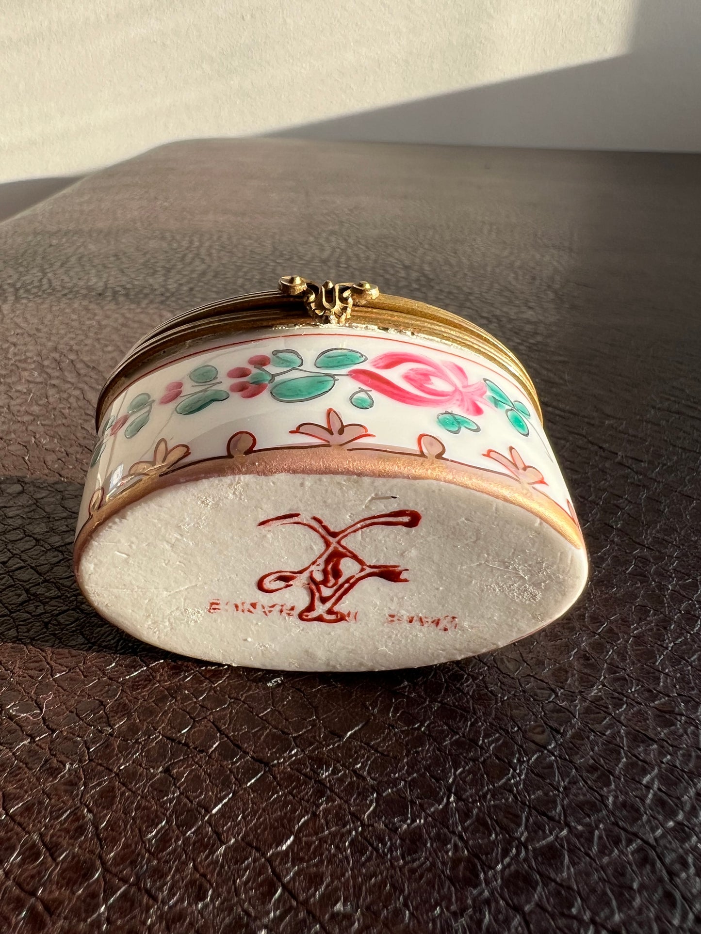 Antique/ Vintage French Oval Porcelain Miniature Jewelry or Pill Box with Decorative Floral Motifs - Double Red LL and ‘Made in France’ Marks on the Bottom