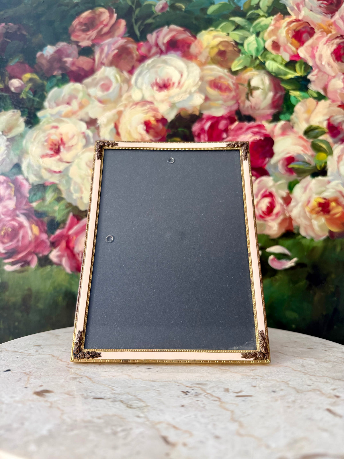 Elegant Gold-tone Classic Leaf and Floral Motif and Pastel Pink Enamel Style Vintage Photo or Picture Frame