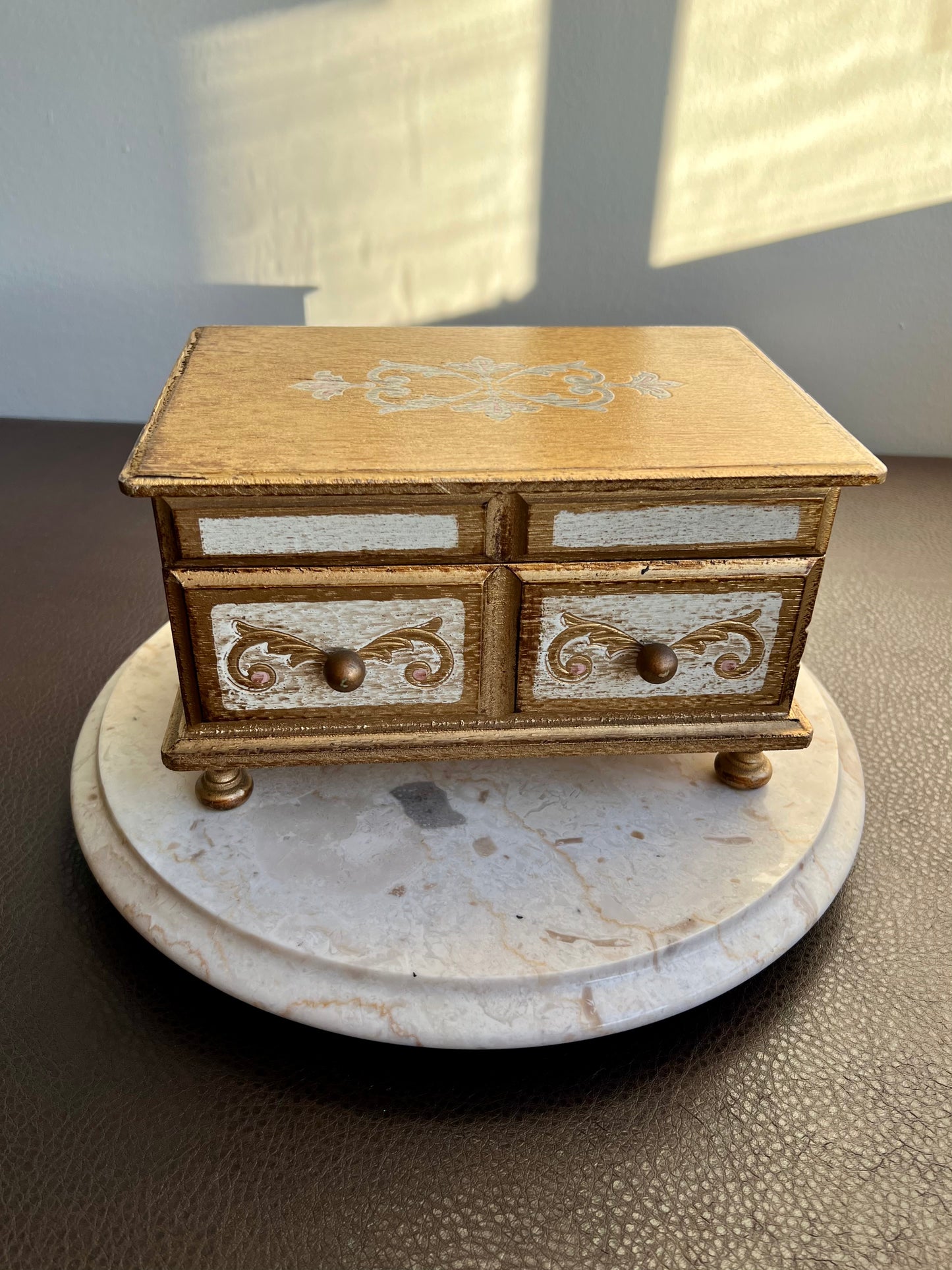 Italian Florentine Vintage Gold Gilt Wood Music and Jewelry Box, Burgundy Red Lining Interior, Footed