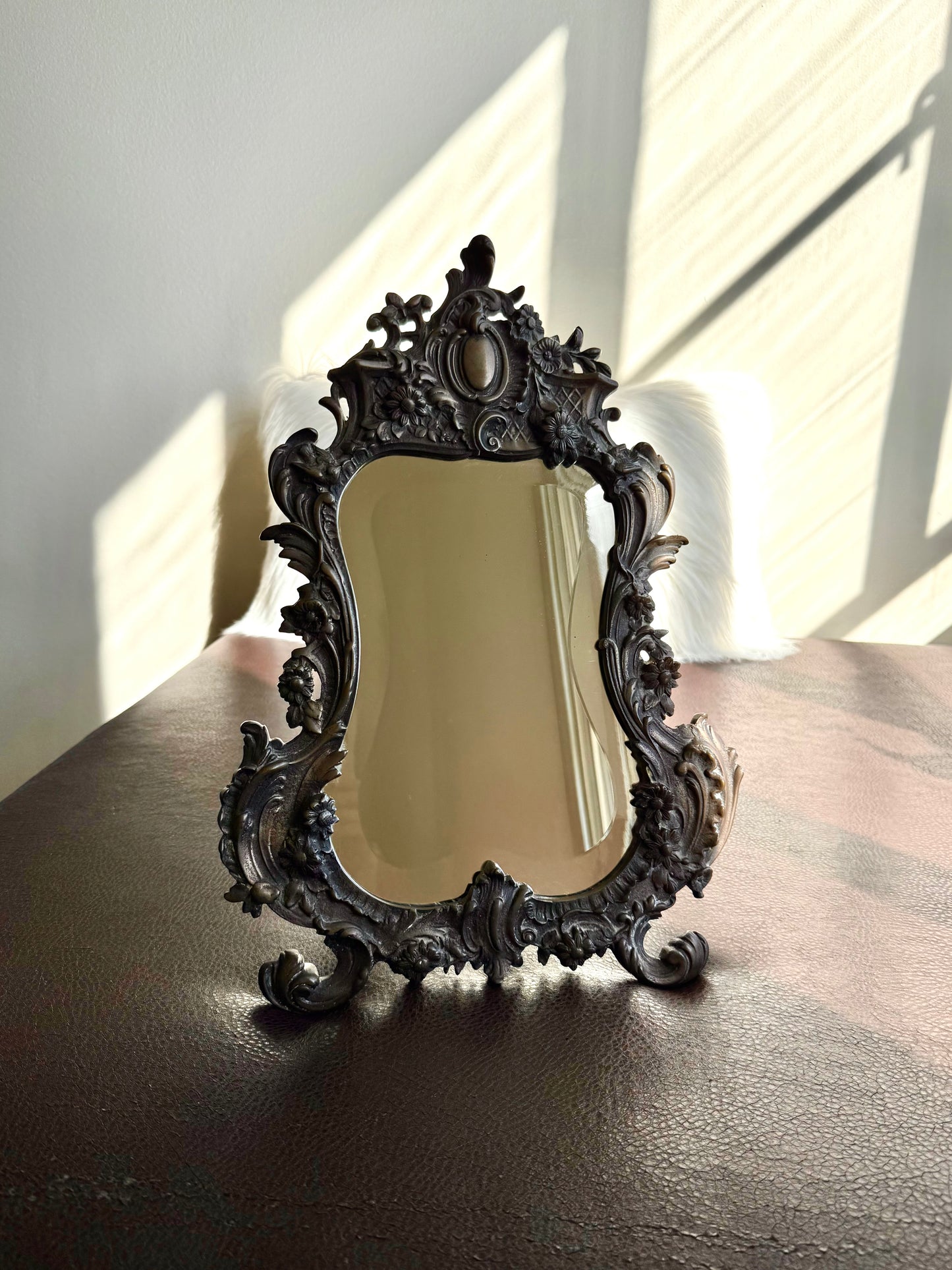 Antique Bronze Rococo Style French Big Table and Makeup Mirror from the 19th or Early 20th Century