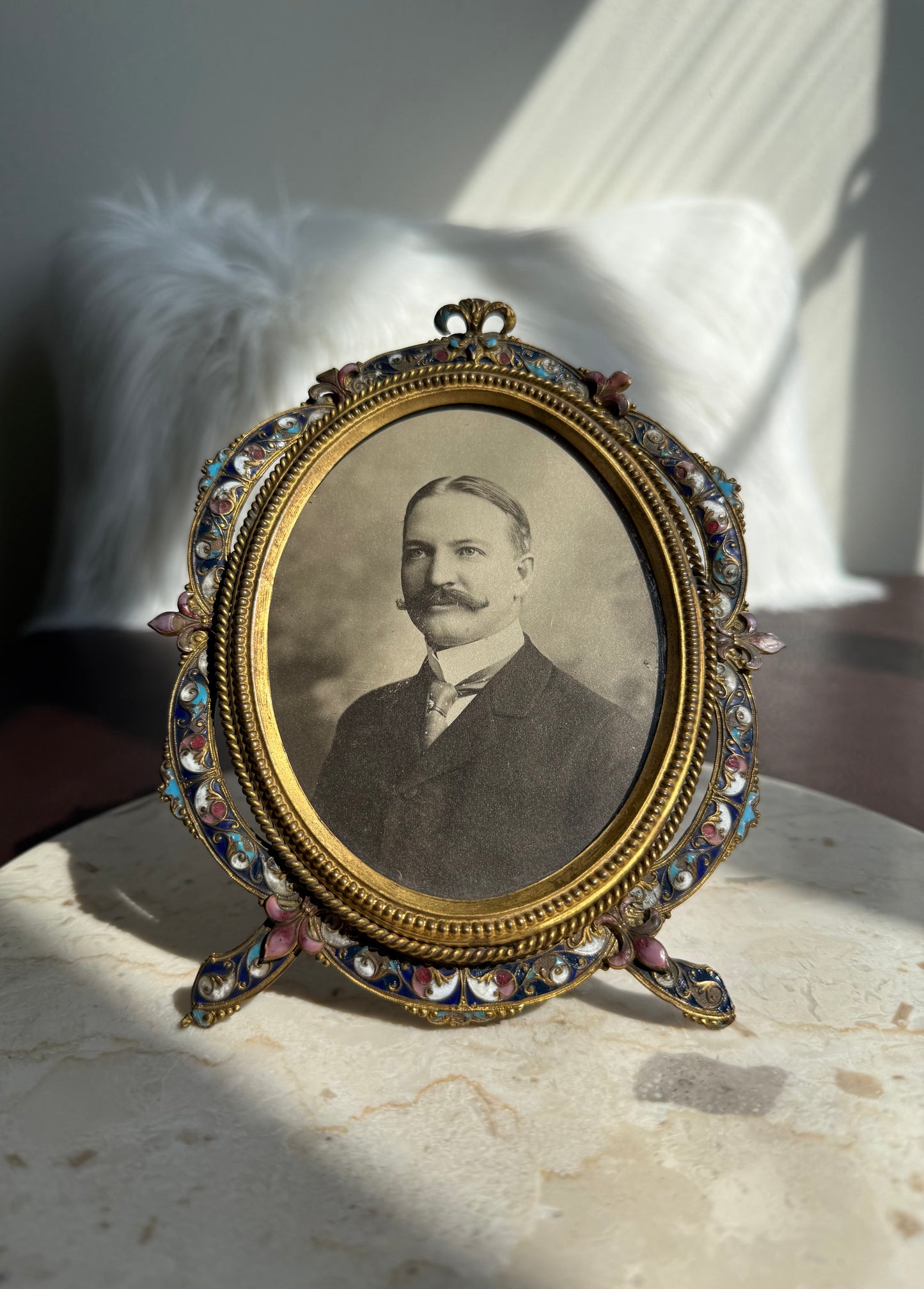 Antique French Style Colorful Enamel Bronze Photo Frame with Black and White Picture of a Gentleman from 19th Century