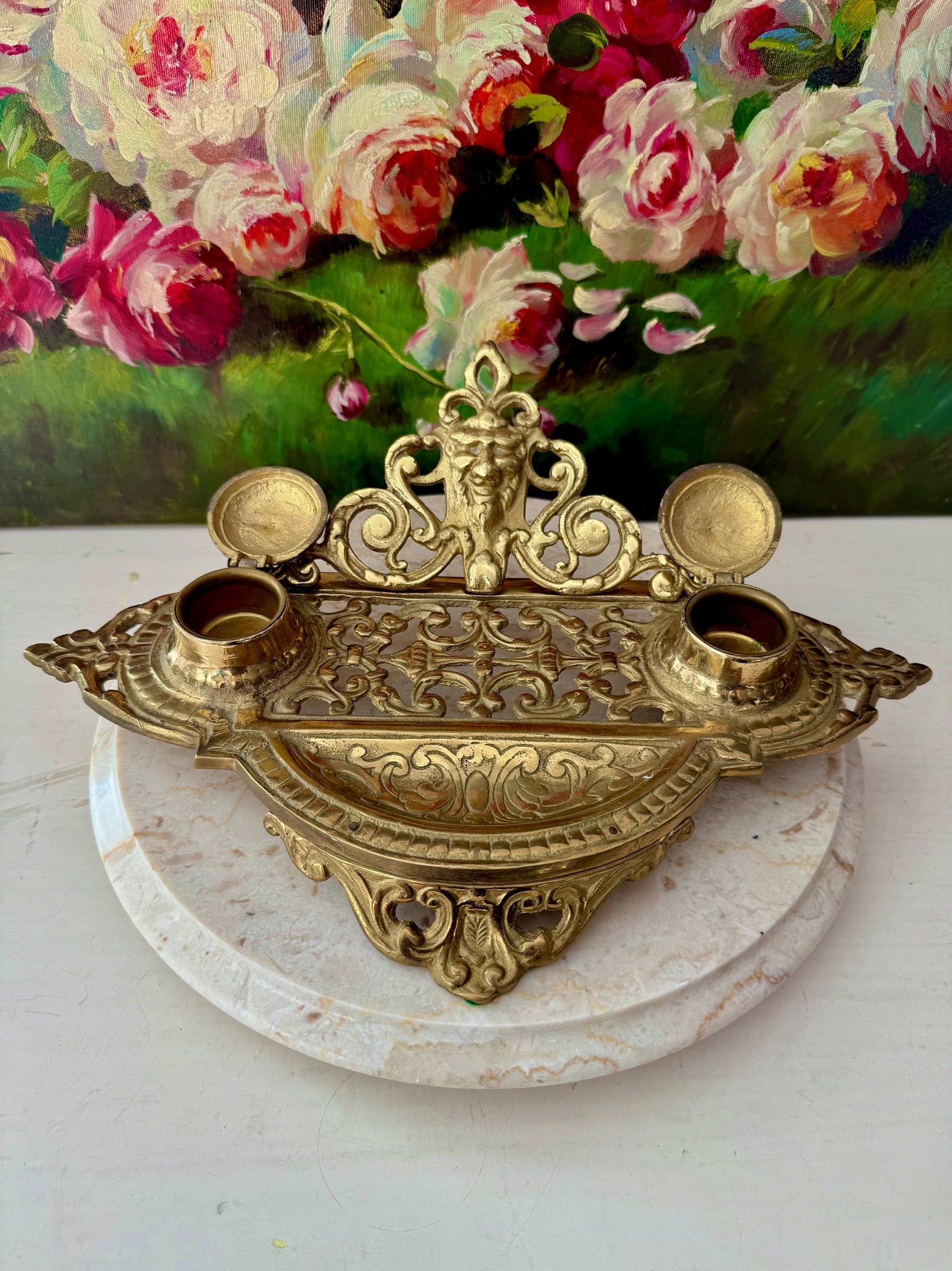 Andrea by Sadek Vintage Large Ornate Double Brass Inkwell, Made in Japan