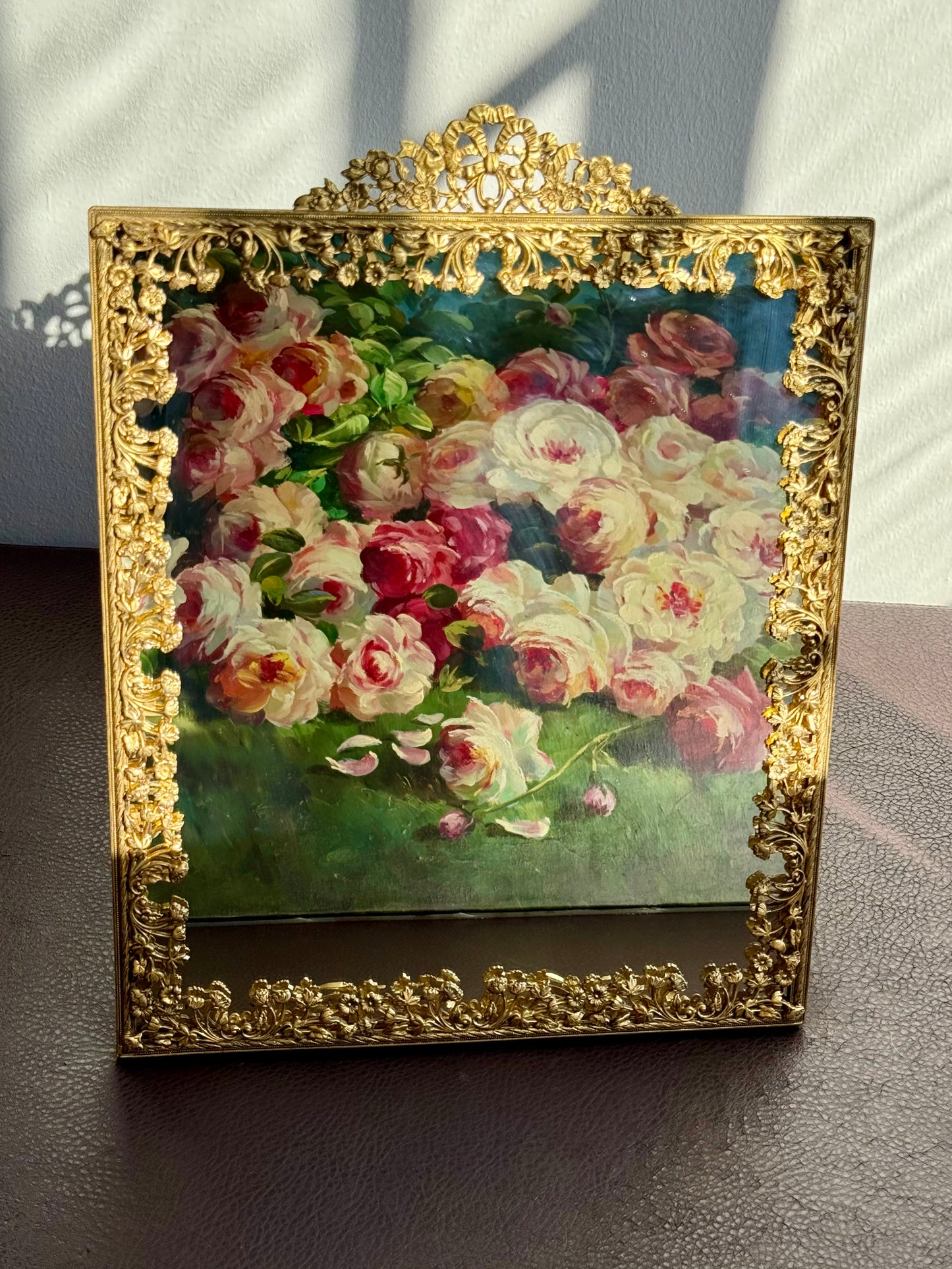 Antique/ Vintage French Victorian Style Gold-gilded Brass Framed Wall or Table Mirror with Flowers Decoration on the Frame