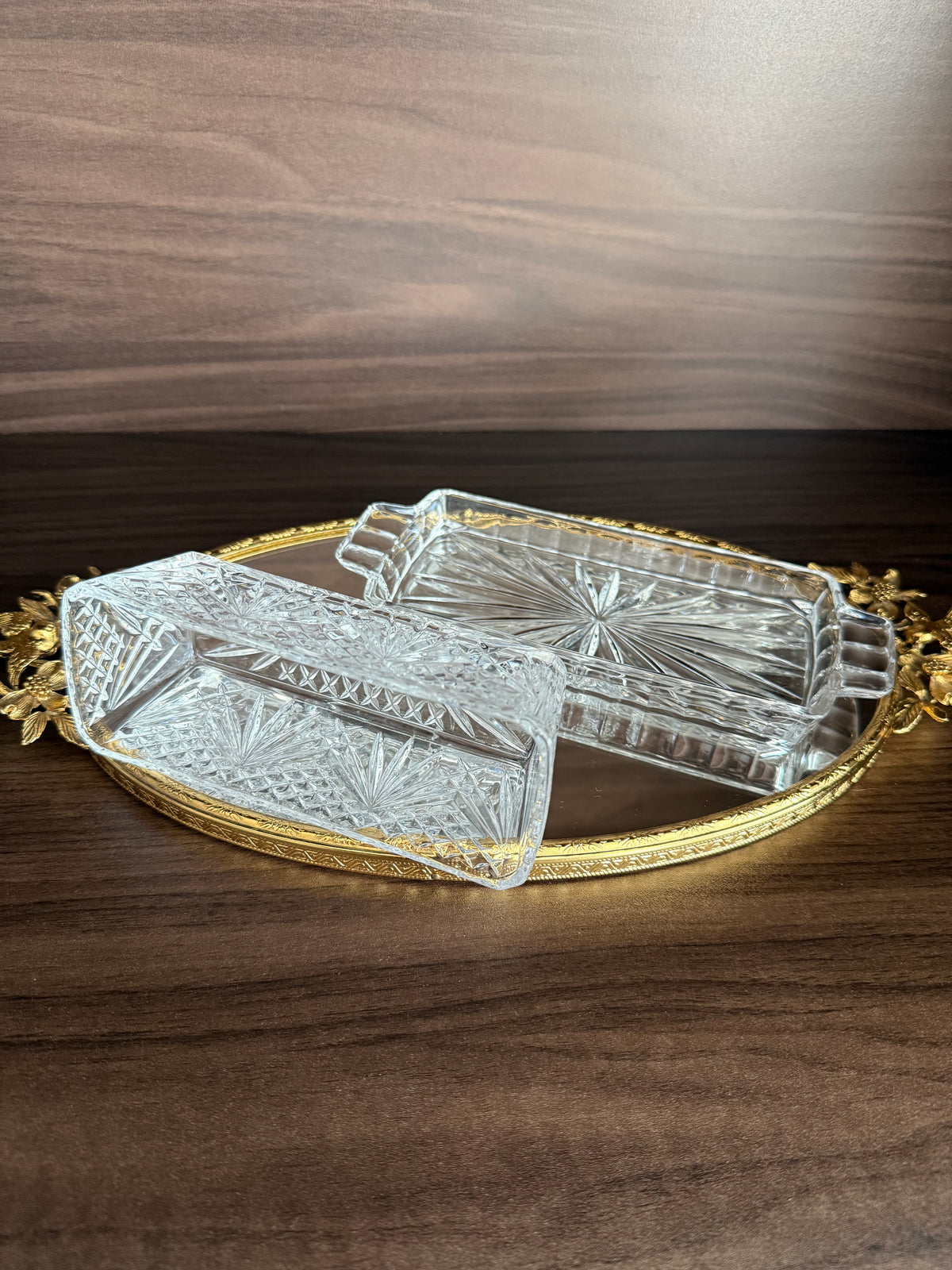 Vintage Cut Crystal Glass Butter Dish with a "Cherrywood Clear" Style Pattern