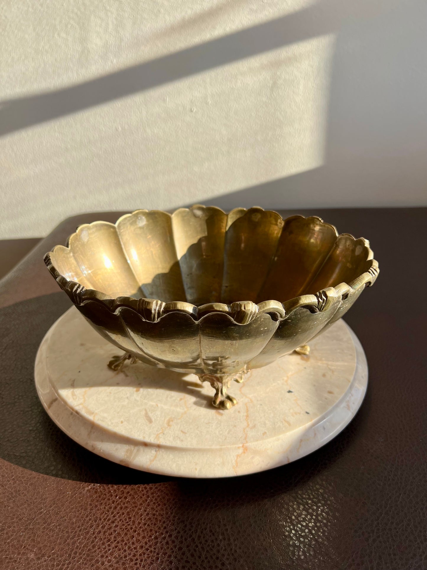 Art Deco Style Vintage Oval Heavy Footed Ornate Brass Scalloped Shaped Medium Size Fruit Bowl