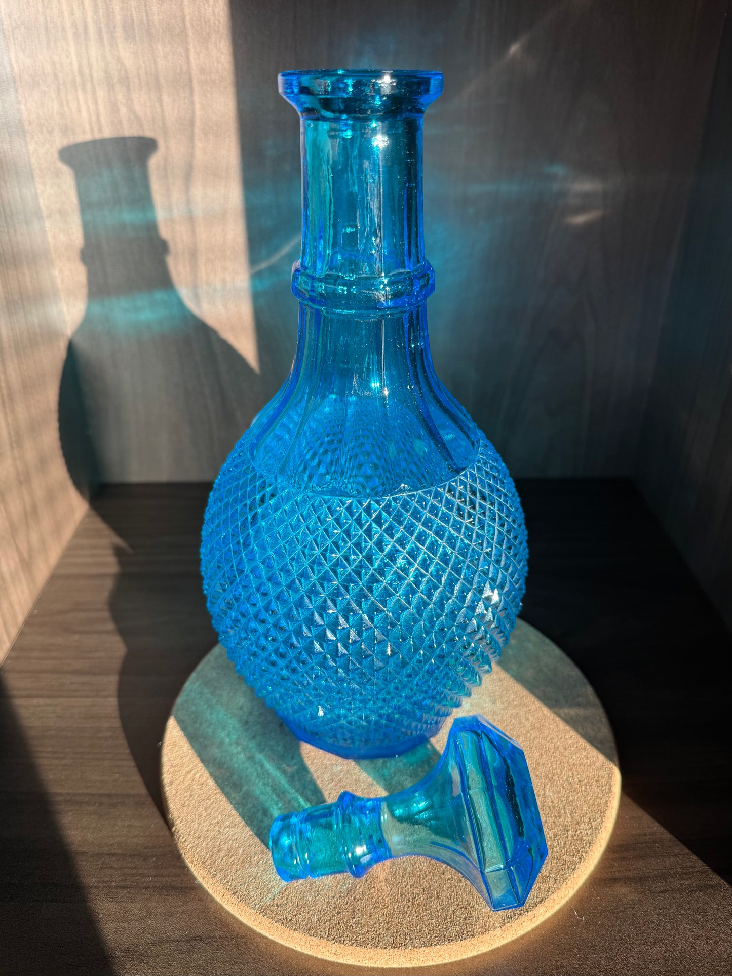 Mid-Century Italian Vintage Empoli-Style Blue Diamond Cut Glass Decanter Bottle