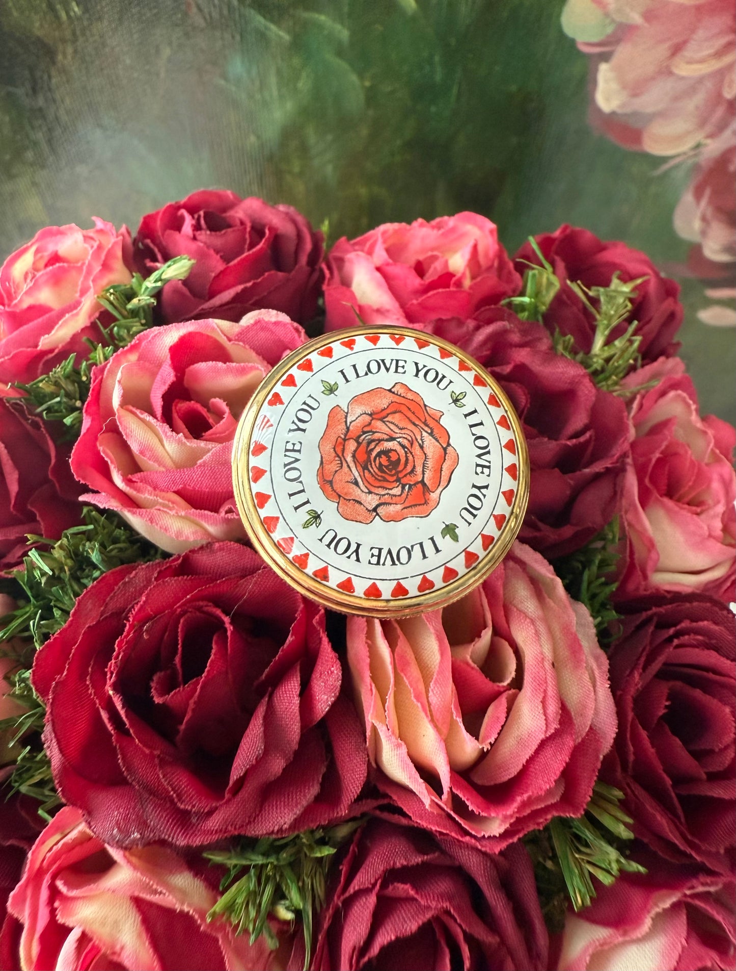 Halcyon Days Mini Enamels “I Love You” Rose Flower Hearts Leaves Trinket or Jewelry/ Pill box