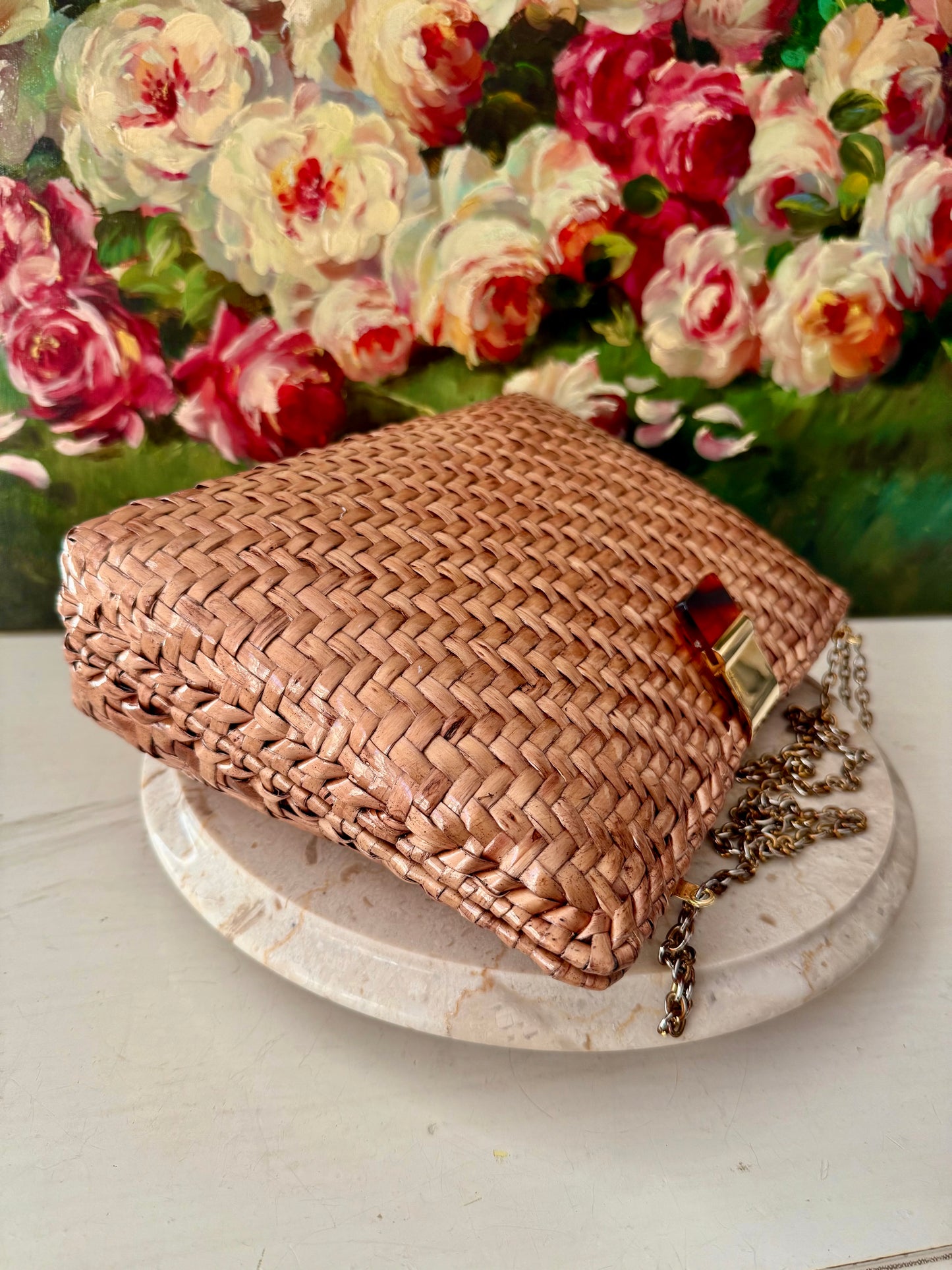 Vintage RODO Italian Style Glazed Wicker Purse or Clutch with Chain Shoulder Strap