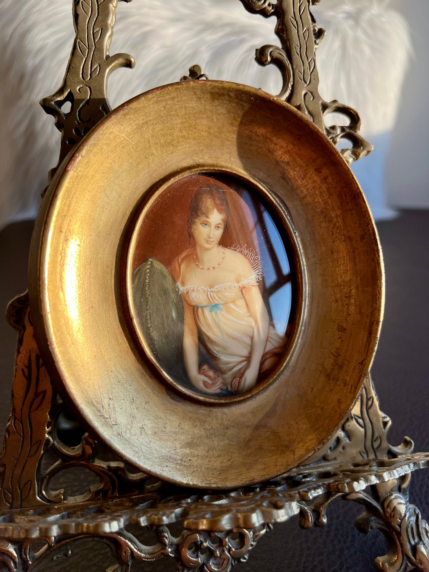 Antique/ Vintage Miniature Italian Original Hand Painted Portrait, Lady in Nightgown with Gilded Wooden Frame