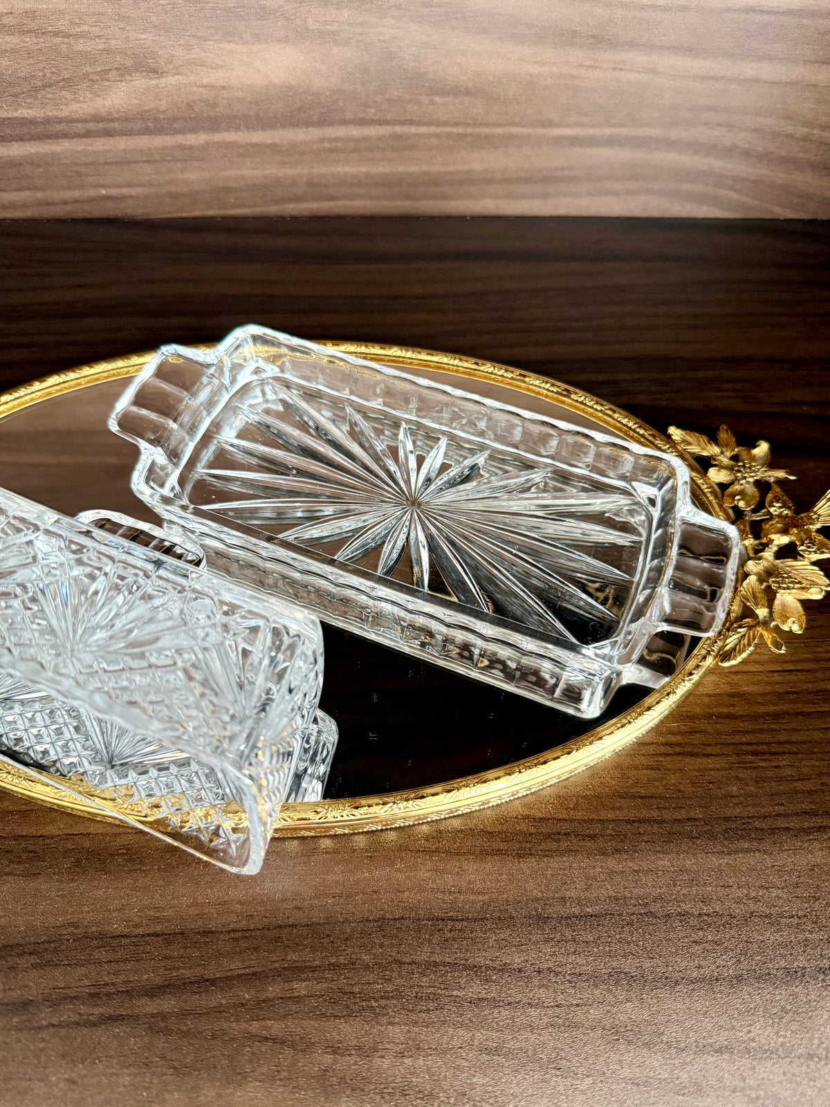 Vintage Cut Crystal Glass Butter Dish with a "Cherrywood Clear" Style Pattern