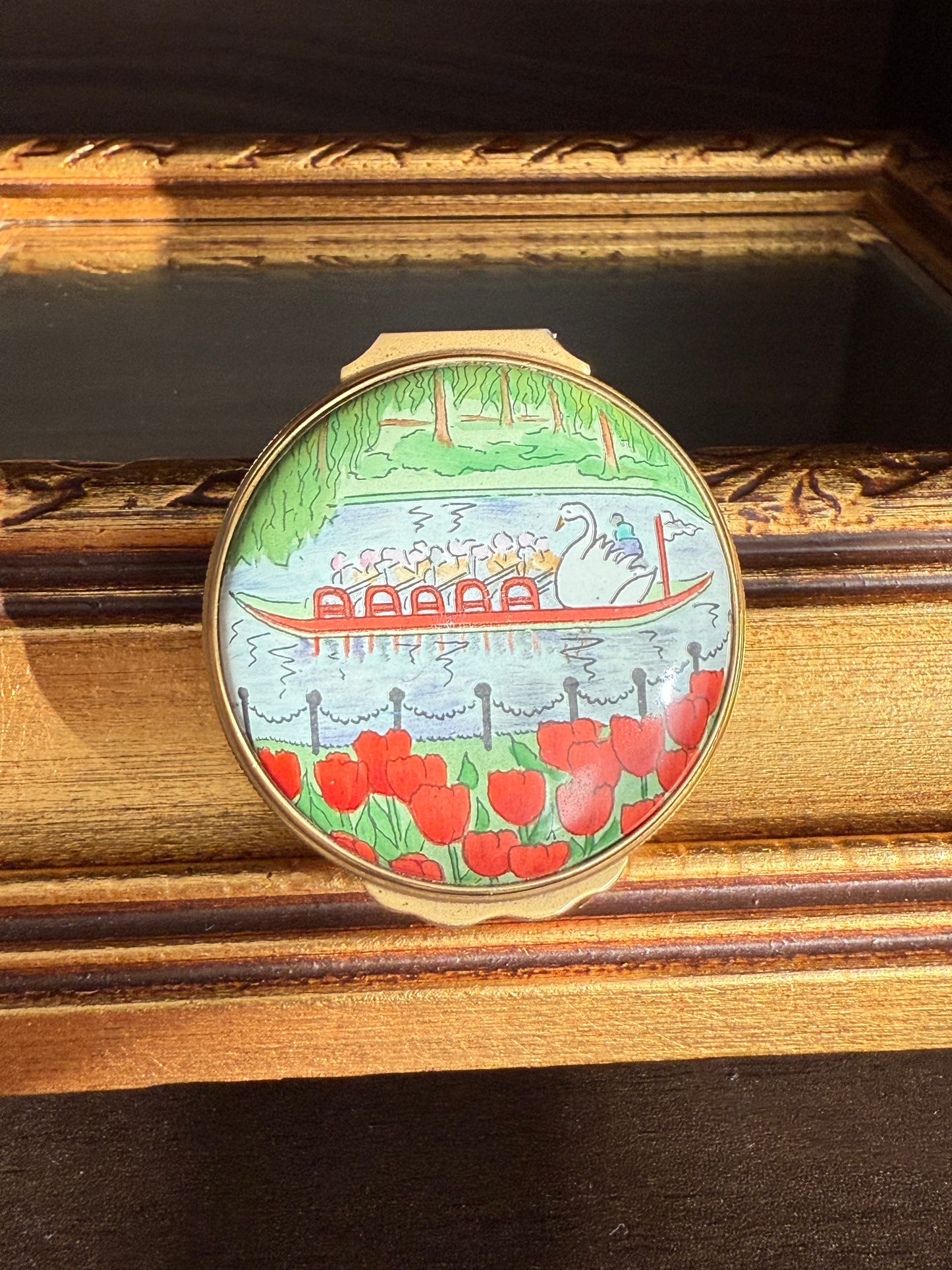 Halcyon Days Designed by Tiffany & Co. Boston Swan Boats Vintage Enamel Pill, Jewelry or Trinket Box