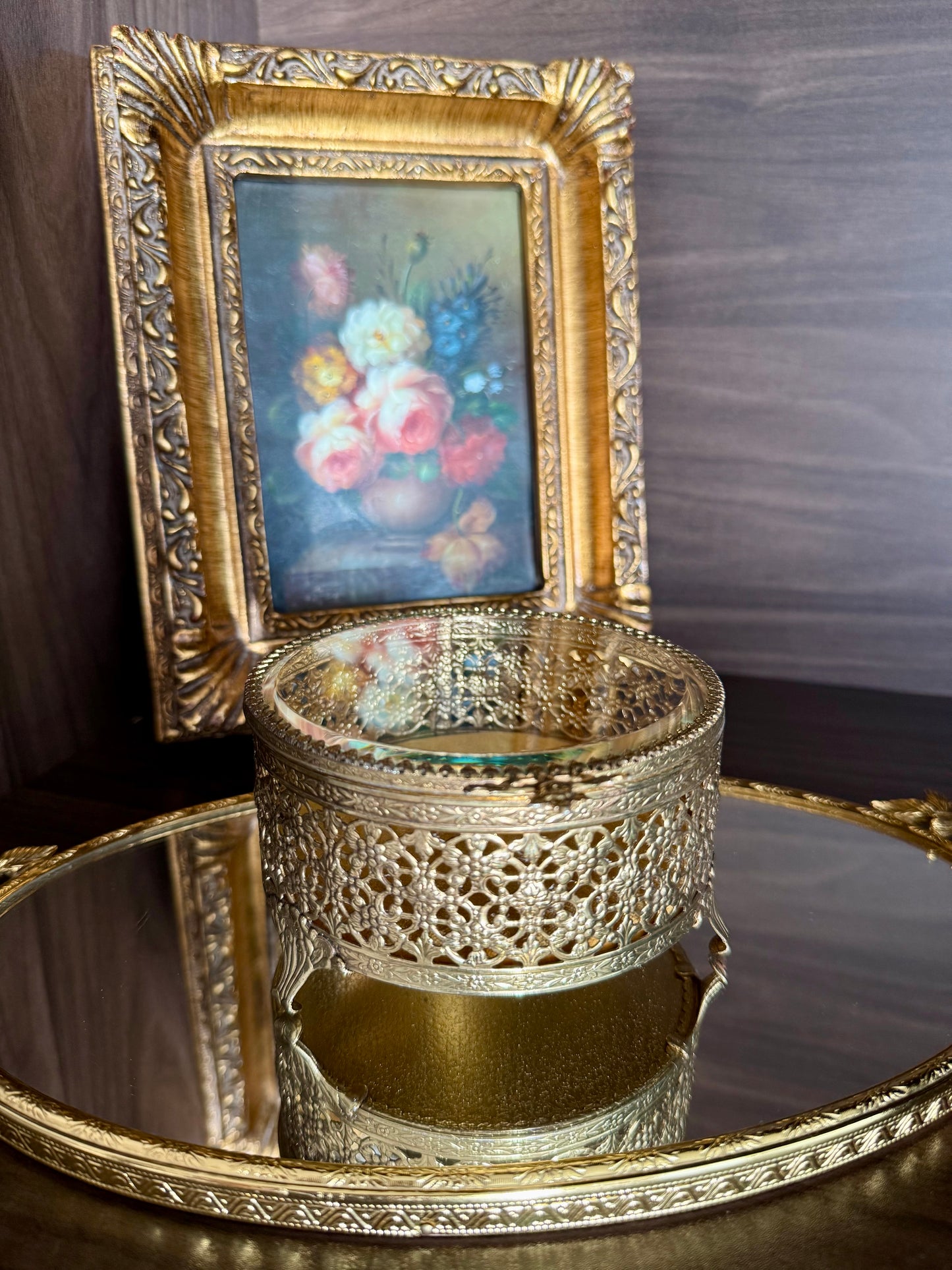 Hollywood Regency Style Vintage Round Gold Filigree Ormolu Glass Top Jewelry/ Trinket Box Footed