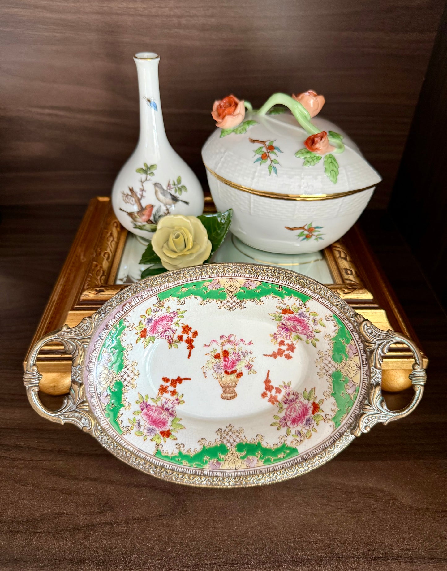 Vintage Floral Roses Motif Porcelain Oval Soap Dish with Brass Feet and Twin Handles