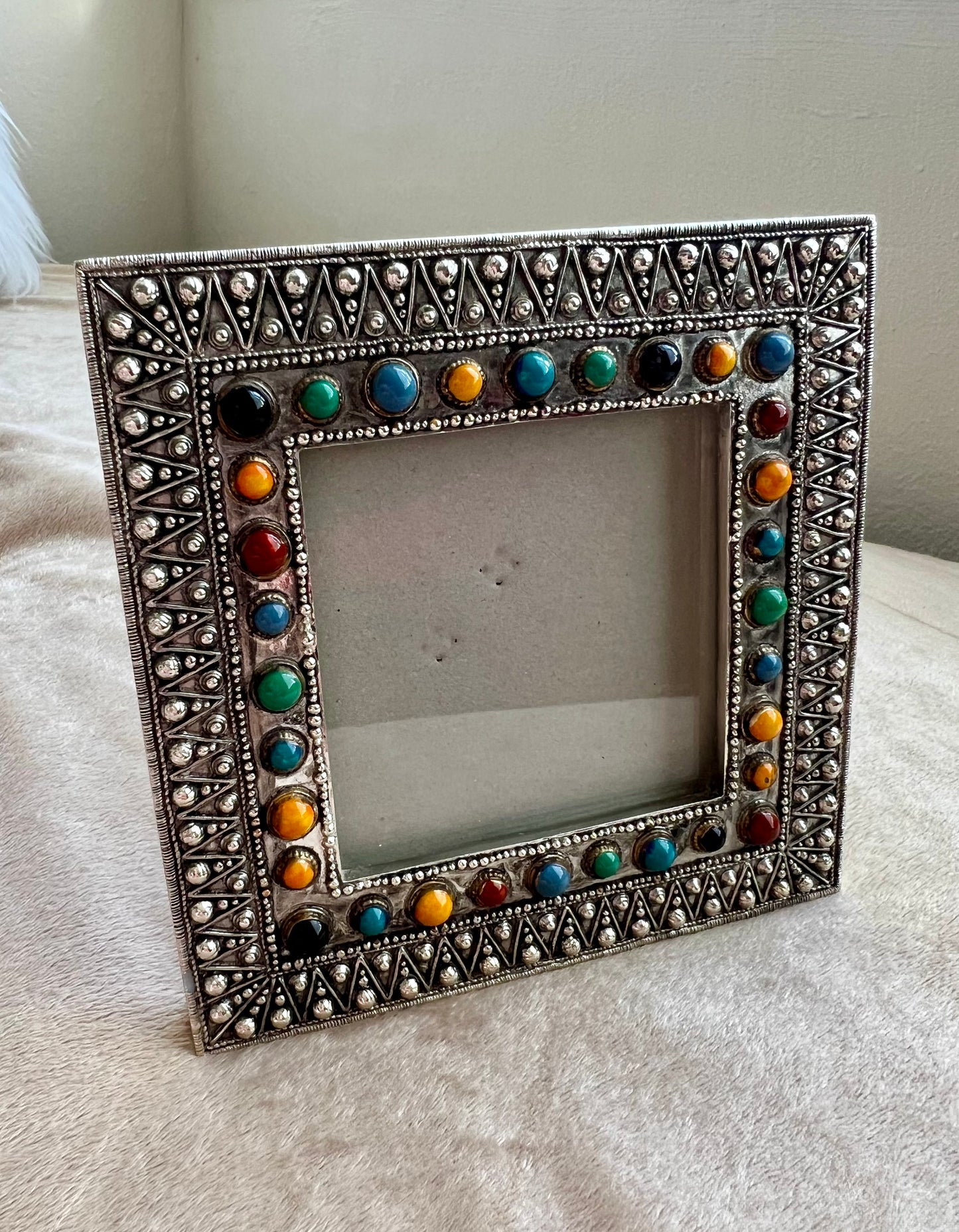 Unique Art Deco/ Pop Up Style Vinatage Silver Photo Frame with Colorful Stones Decorated