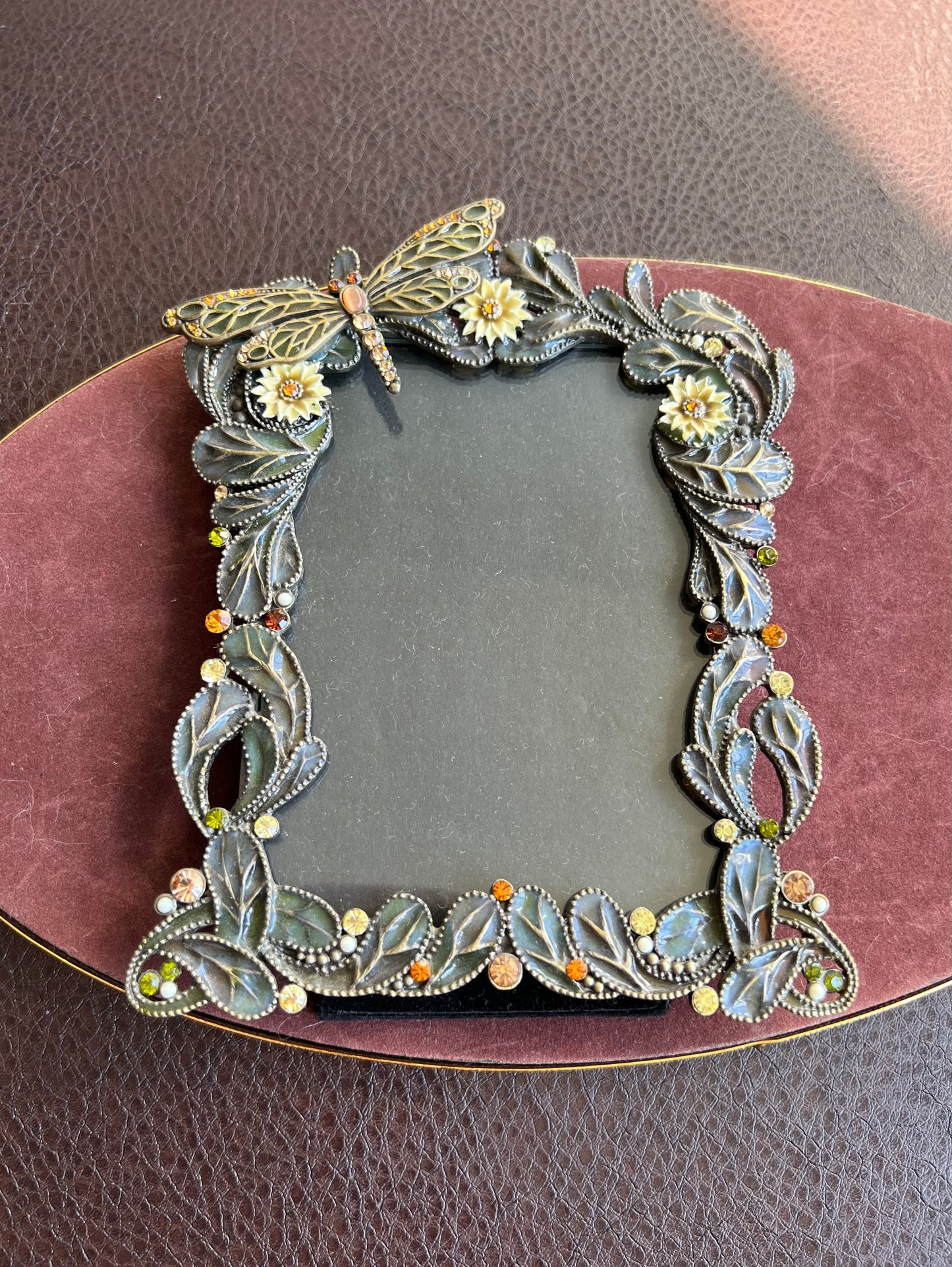 Dragonfly Enamel and Metal Picture Frame with Tiny possible Swarovski Rhinestones, Flowers & Green Leaves