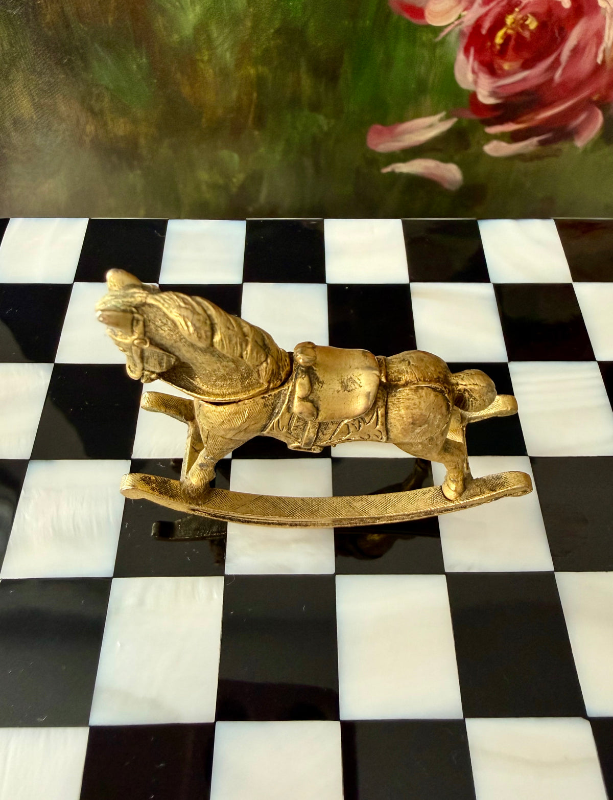 1970s Vintage Max Factor Gold-toned Metal “Rocking Horse” Perfume Compact