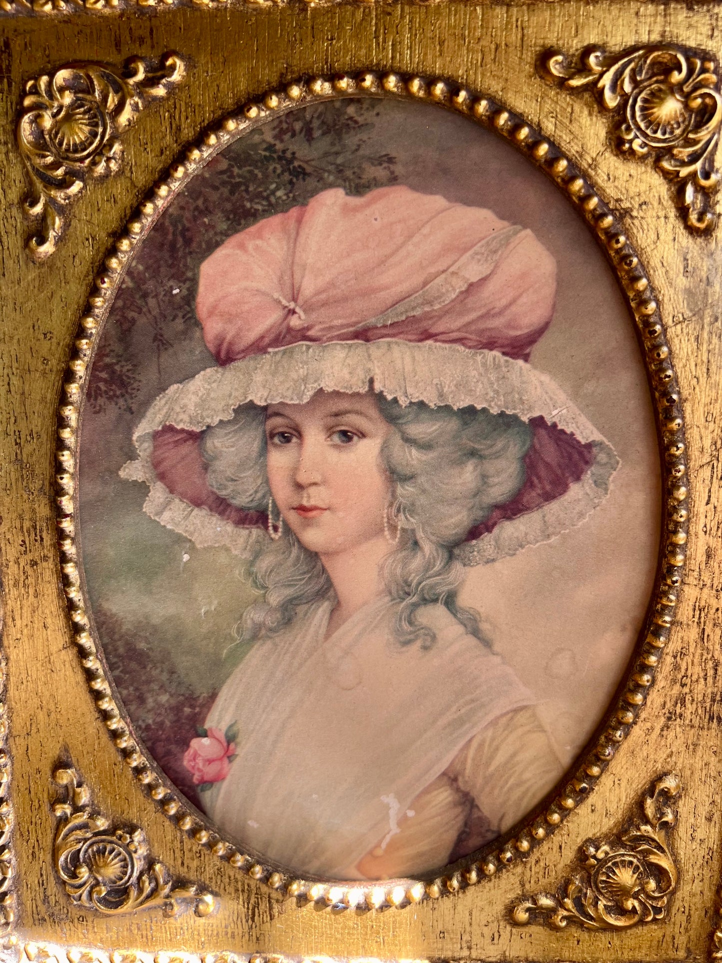 Vintage Gilded Wooden Framed Art, French Paper Portrait of a Victorian Lady with Hat