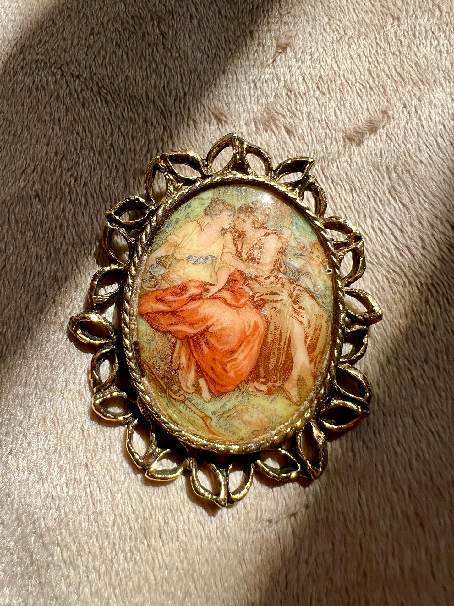 Porcelain Vintage Oval Fragonard Style Brooch