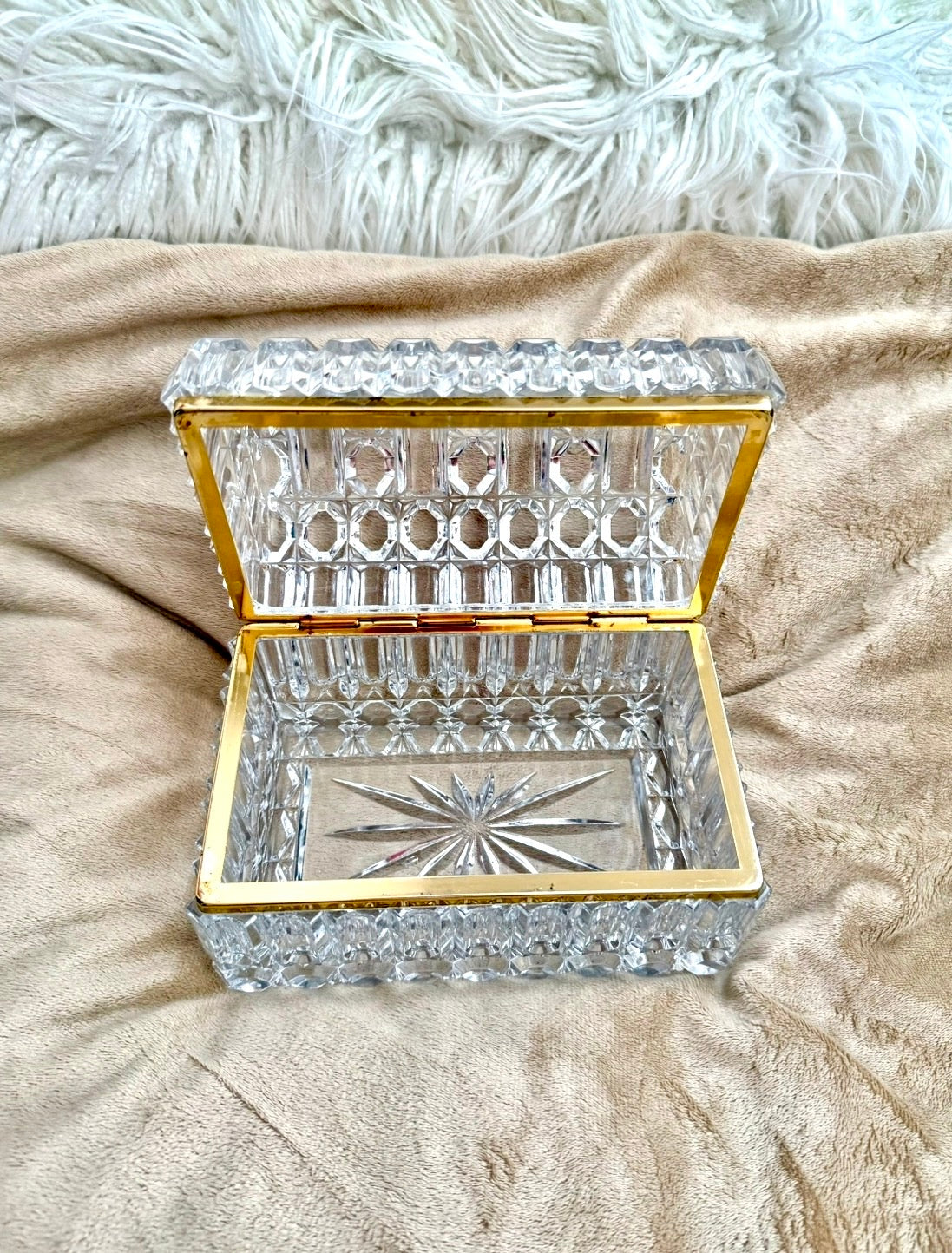1960s Baccarat Style Heavy Cut Crystal Large Lidded Vintage Jewelry or Trinket Box/ Casket with Brass Frame