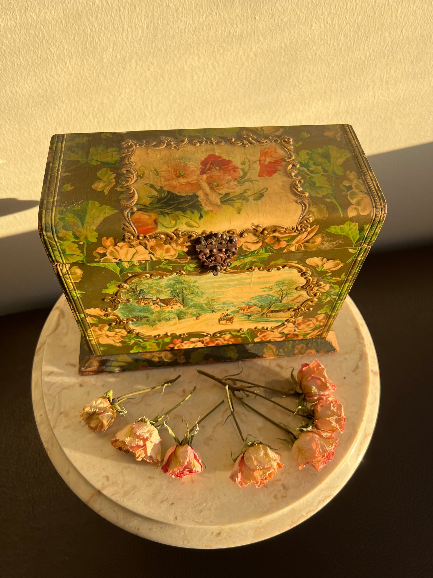 Antique Wooden Decorative Wallpaper Covered Recipe or Trinket Box with Floral Motif and Gilded Painting Design