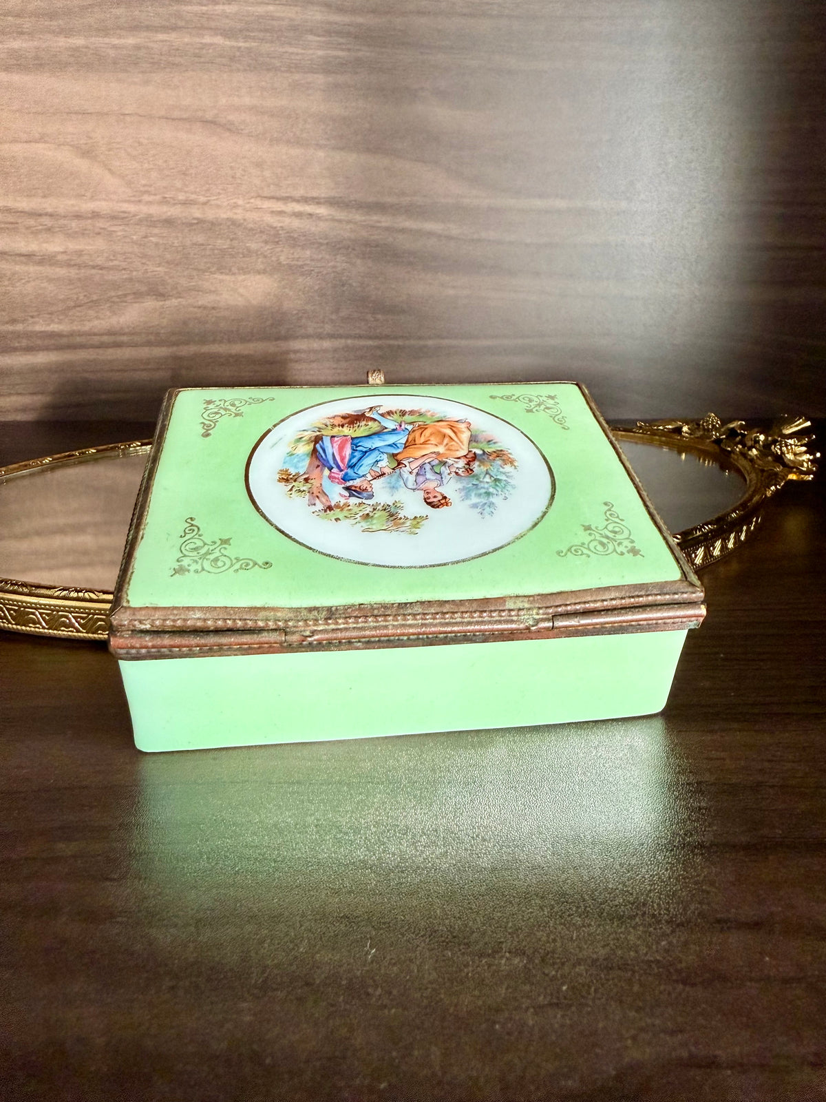 Antique European French Style Green Porcelain Jewelry or Trinket Hinged Box