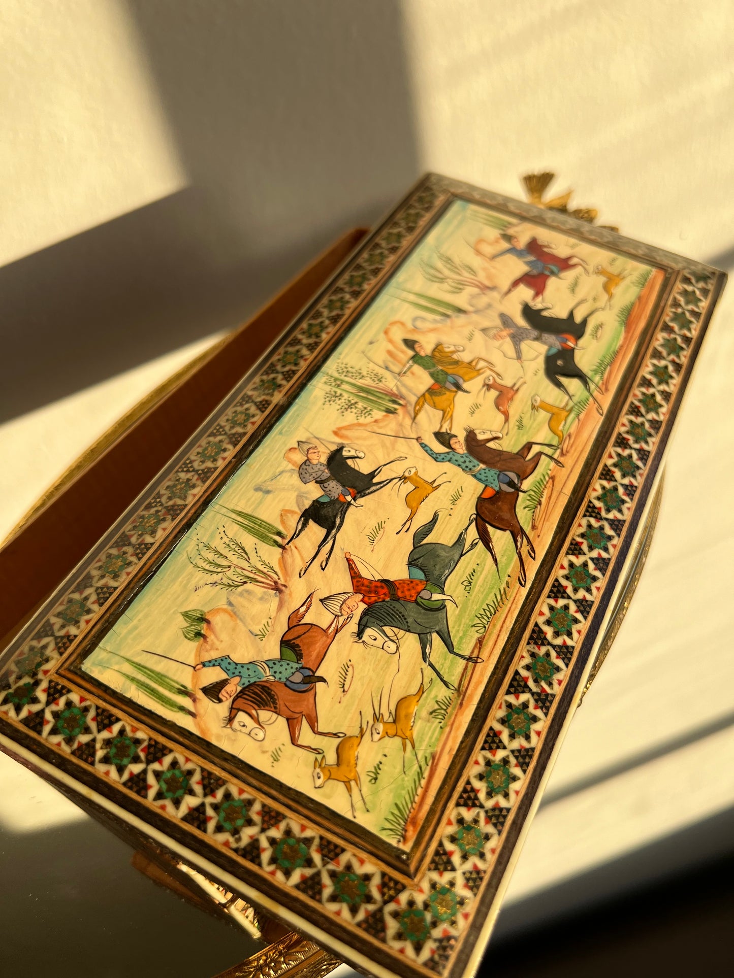 Persian hand painted wooden inlaid trinket box