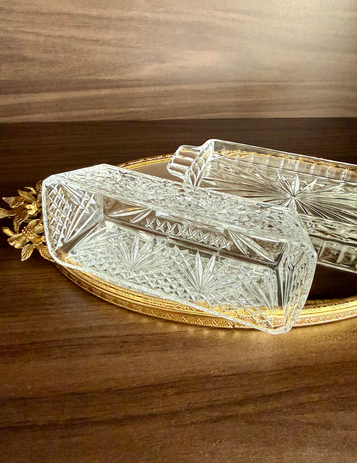 Vintage Cut Crystal Glass Butter Dish with a "Cherrywood Clear" Style Pattern