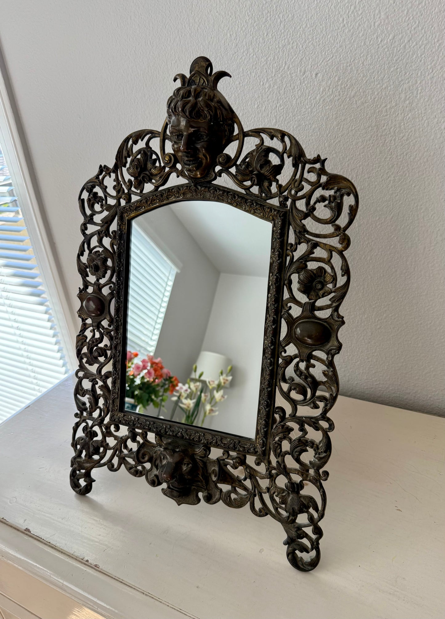 Antique Gilded Cast Iron Cherub and Lion Heads, Victorian French Style Ornate Vanity Table Mirror from Late 19th Century