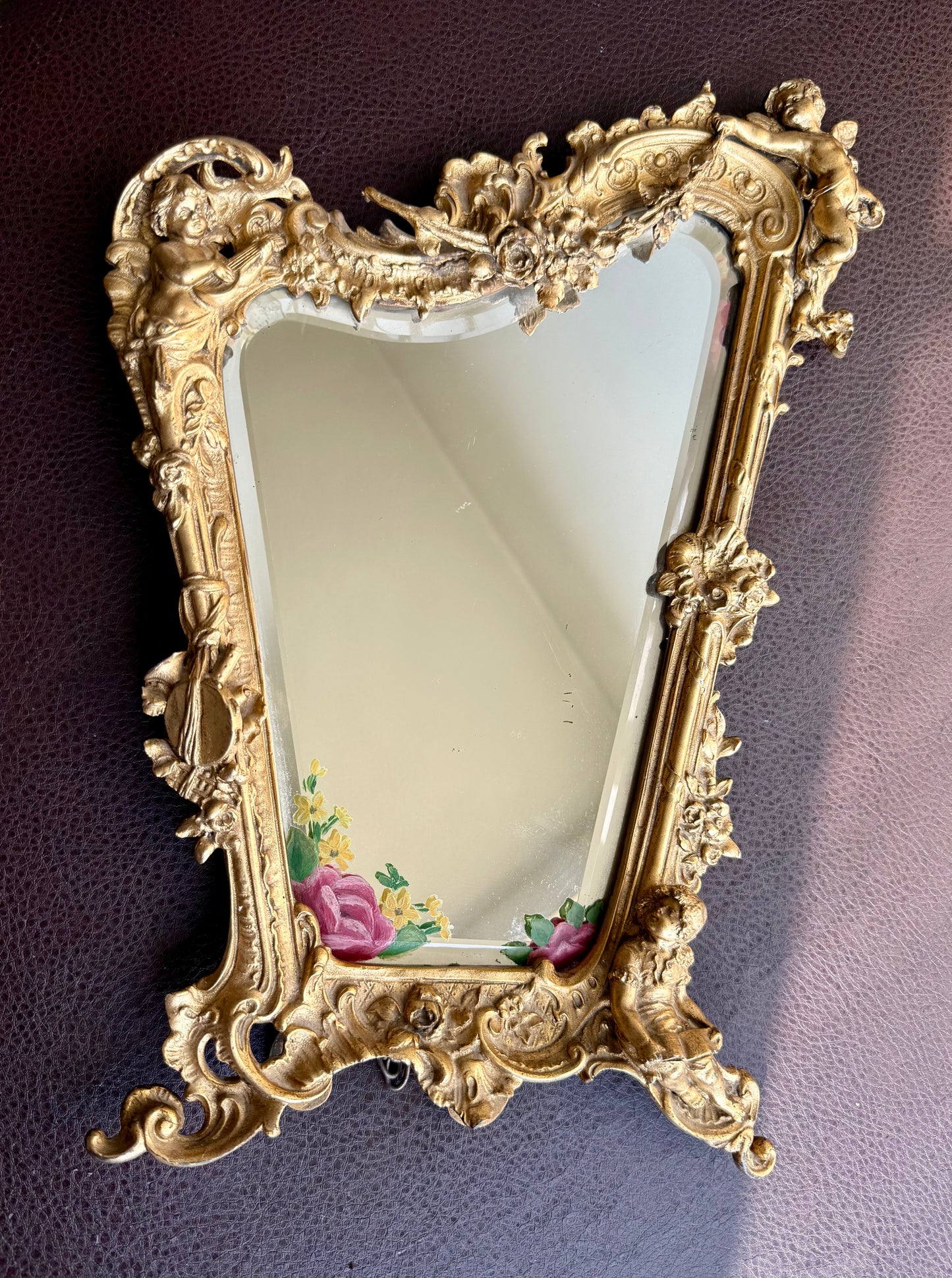 Antique Italian Rococo-Style Table Mirror with Gilded Frame, Featuring Putti (cherubs) Decor and Floral Painting