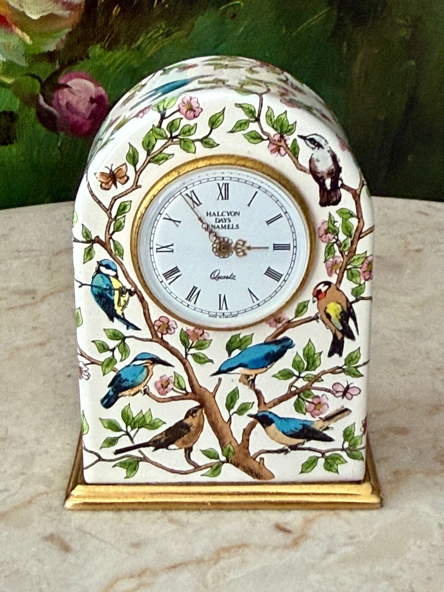 Halcyon Days Vintage Enamel Table Clock with Hand-painted Birds and Flowers Design