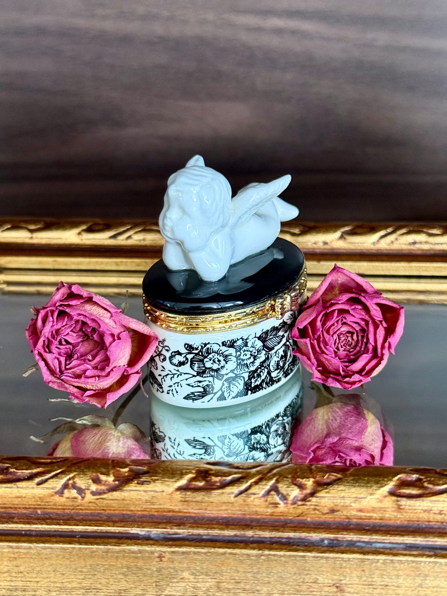 Angel Cherub Black and White Porcelain Vintage Mini Hinged Jewelry, Pill or Trinket Box