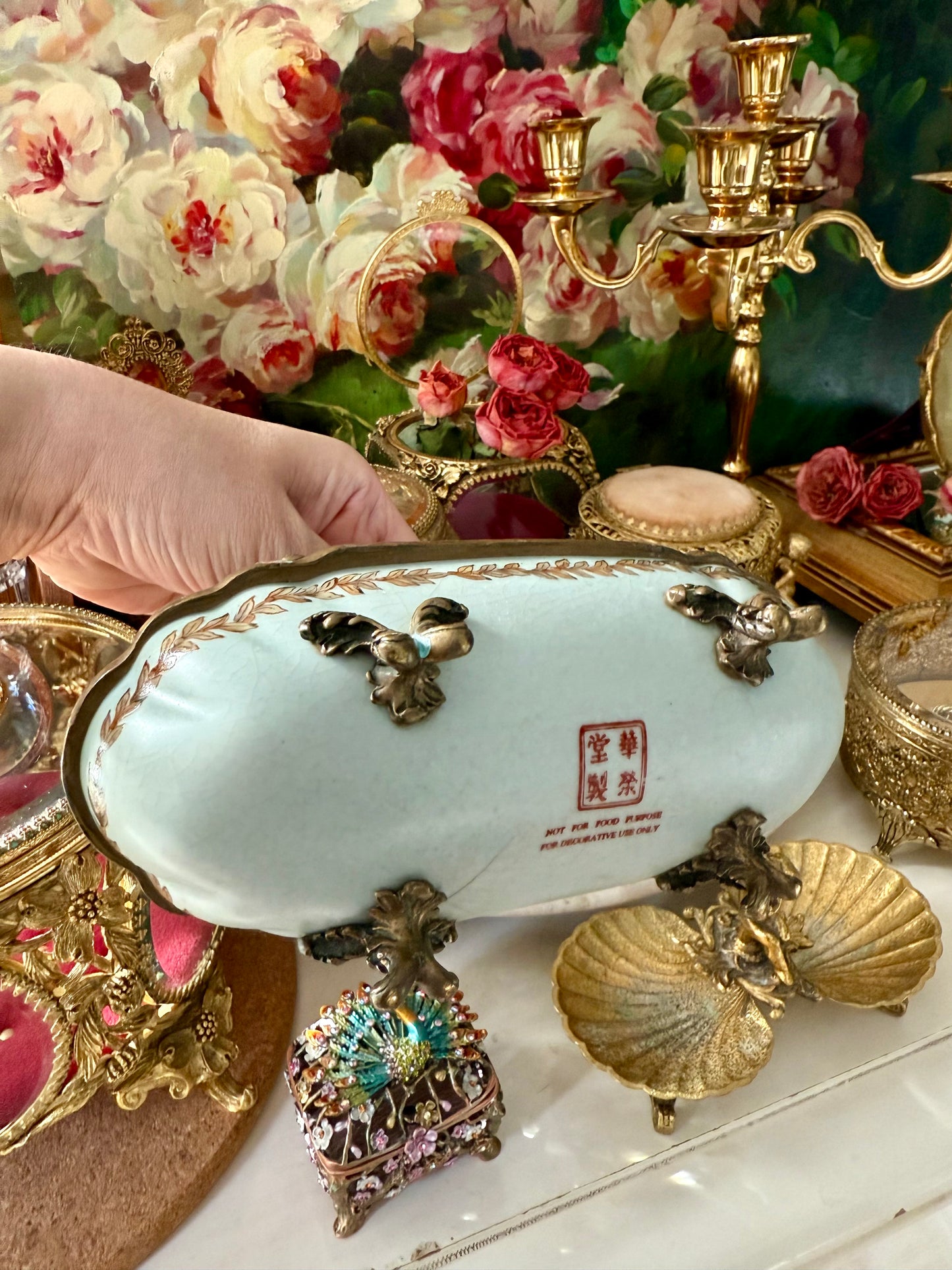 Antique-Looking Art Nouveau Style Porcelain Floral Crackle Glazed Footed Basket Trinket Dish with Bronze Handle