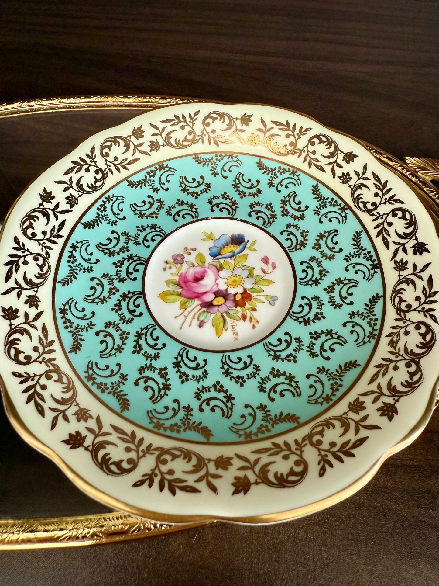 1950s Paragon Fine Bone China Vintage Aqua Green, Gold and Floral Porcelain Tea Cup and Saucer Set, Made in England