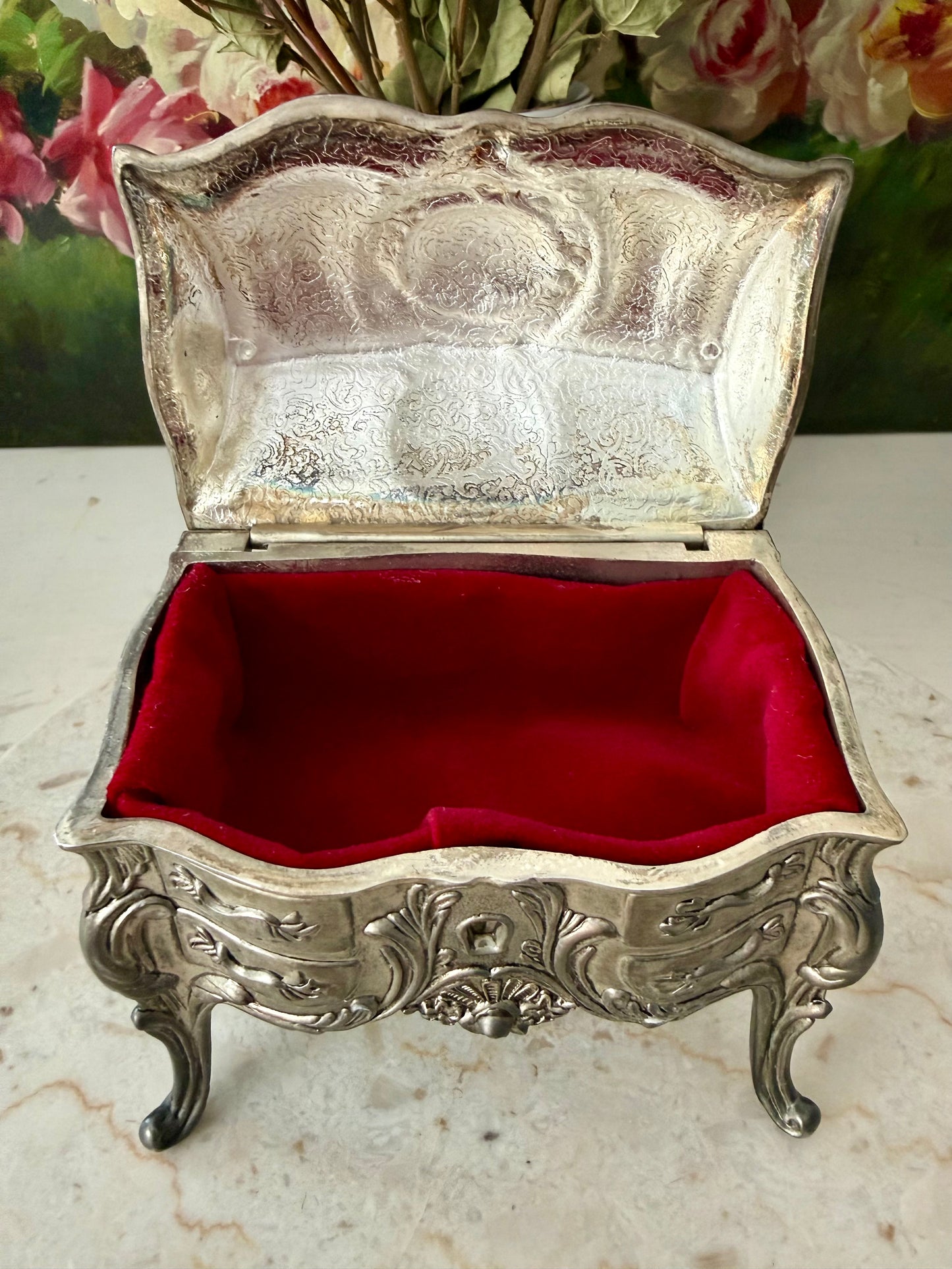 Antique Art Nouveau French Style Silver Plated Jewelry Casket Velvet Lined Romantic Trinket Box